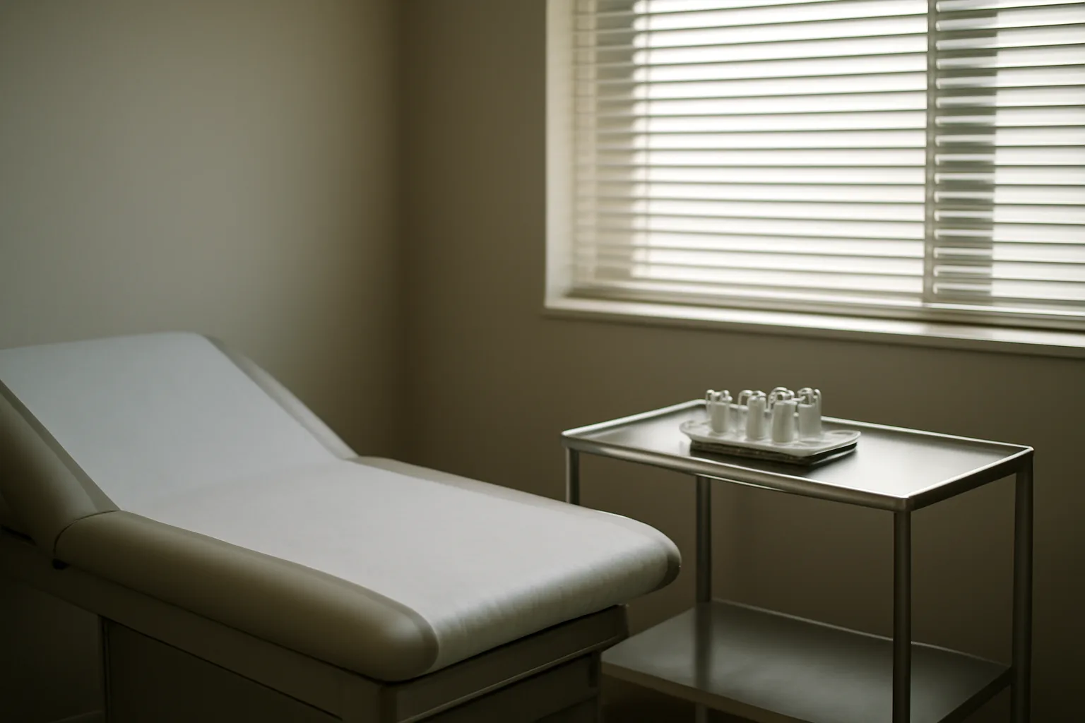 Clinic exam room with vial tray, representing choices among enclomiphene alternatives
