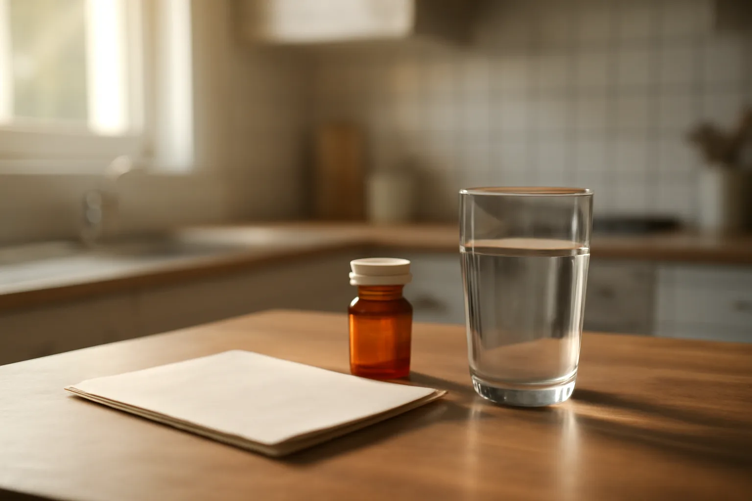 Amber prescription bottle and glass of water on a kitchen counter in morning light