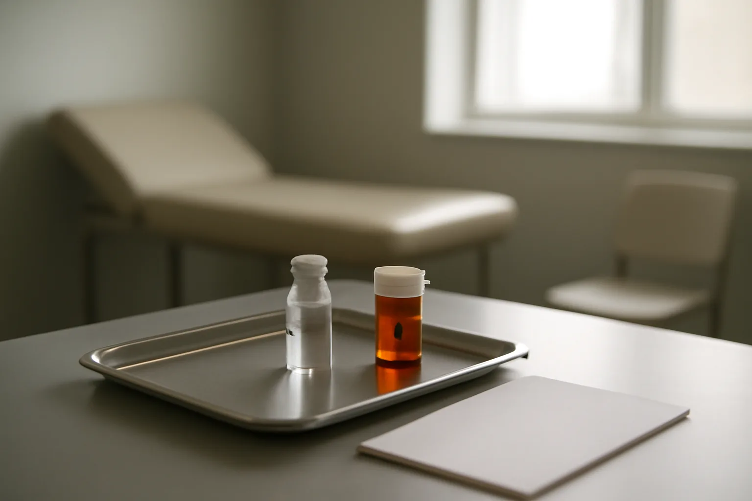 Prescription vial and lab tray in a clinic room representing enclomiphene versus clomiphene comparison