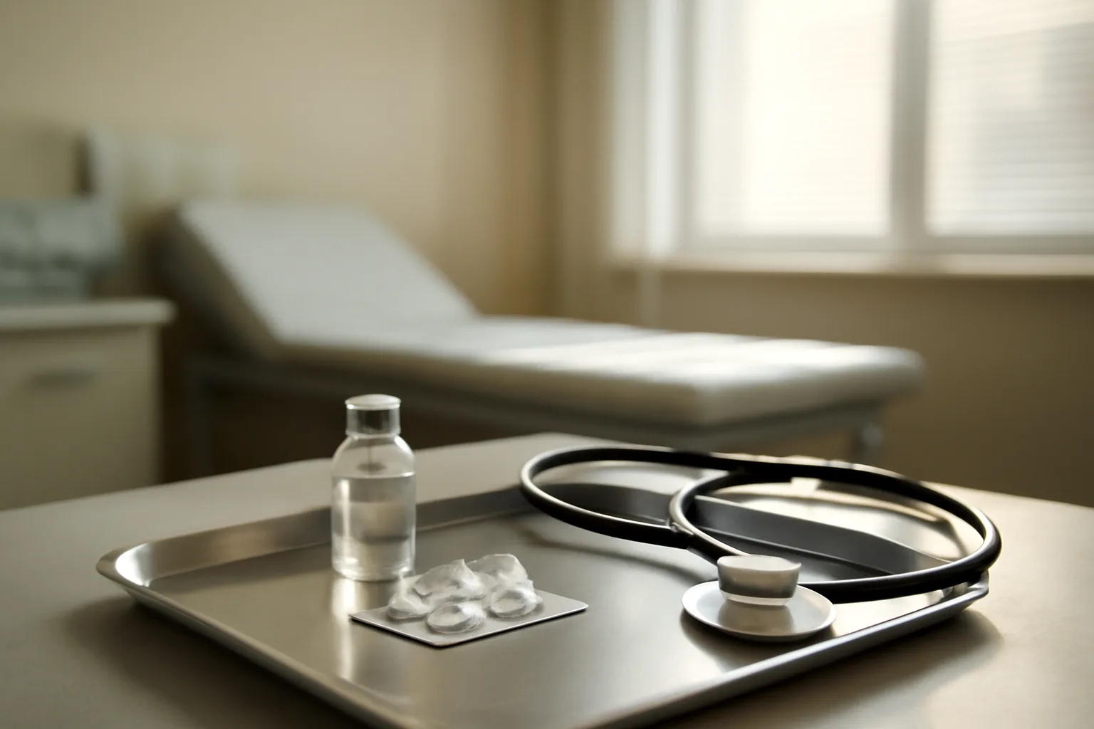 Vial and tablets on a steel tray representing enclomiphene versus hCG treatment choice