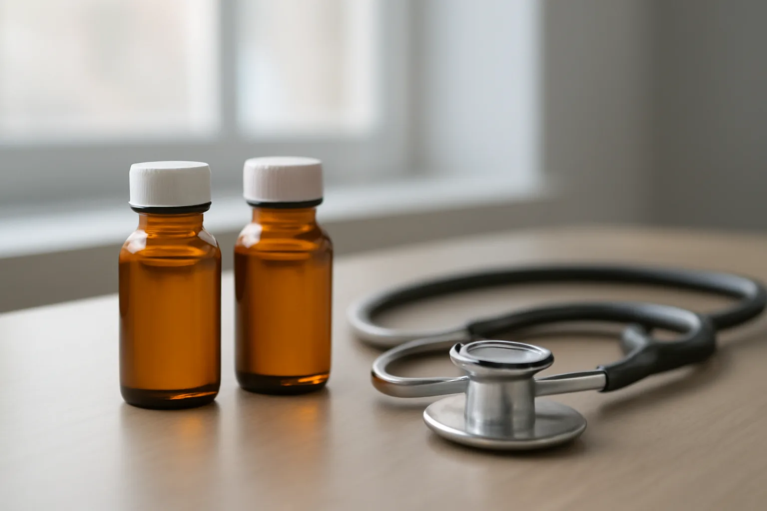 Two amber prescription vials on a clinical desk representing enclomiphene versus tamoxifen comparison