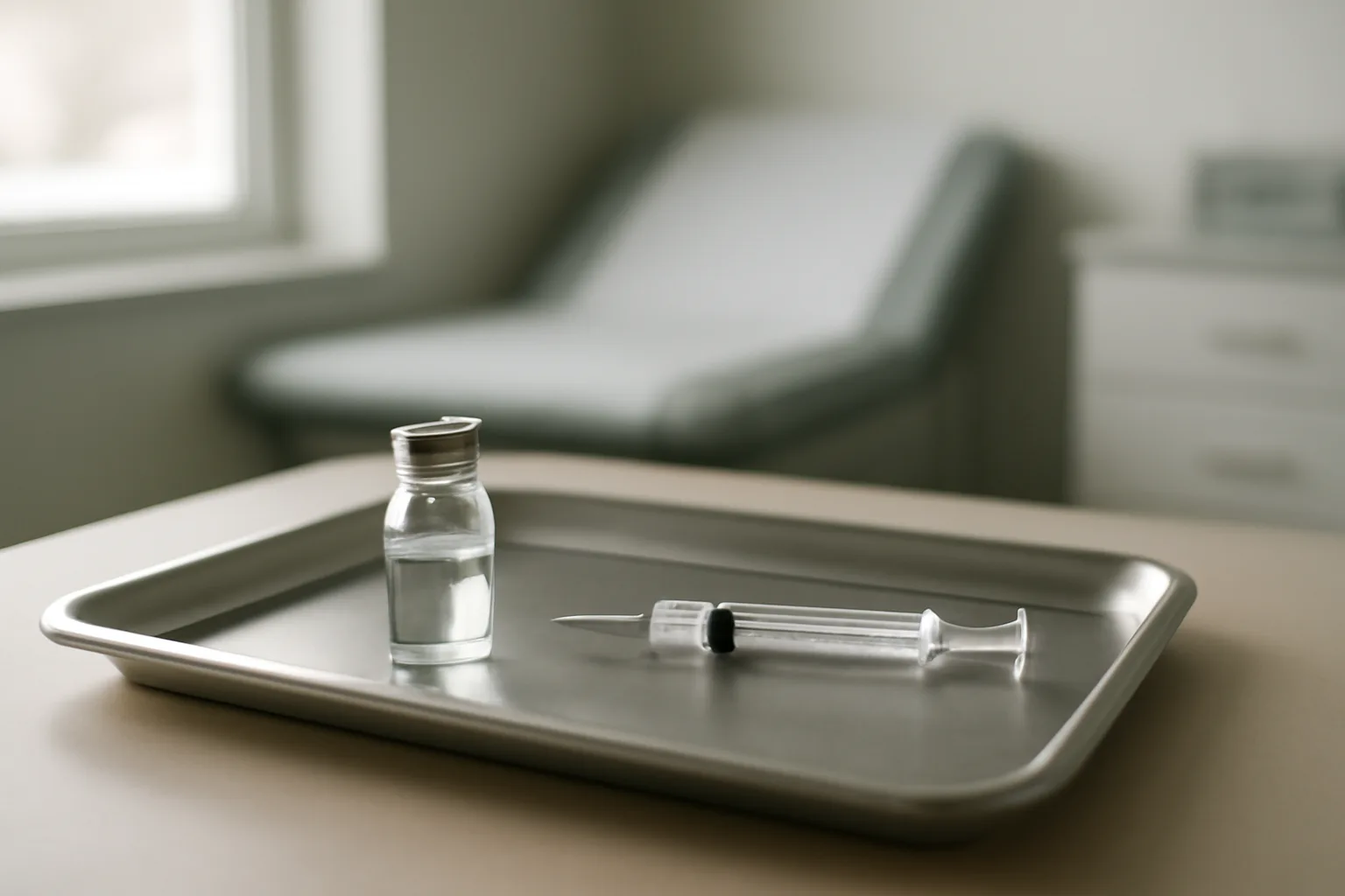 Vial and syringe on a steel tray, comparing enclomiphene and testosterone injection treatment paths