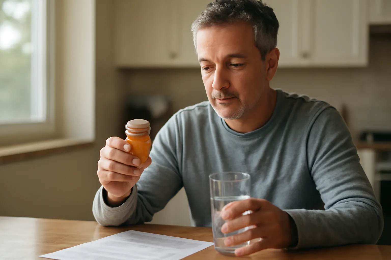 Man reviewing lab paperwork at home while considering enclomiphene treatment