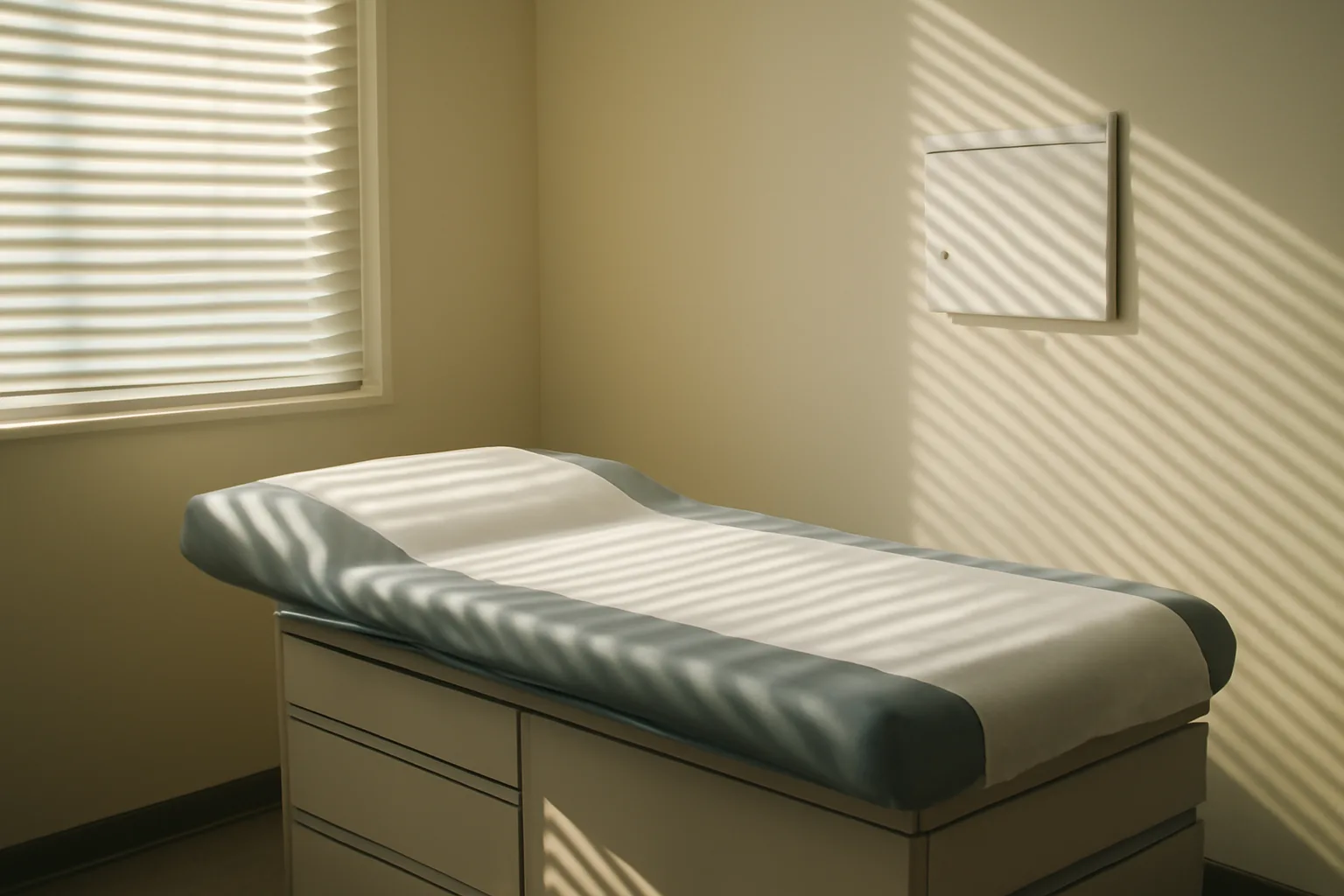 Sunlit clinical exam room with a calendar marking weeks of a treatment cycle