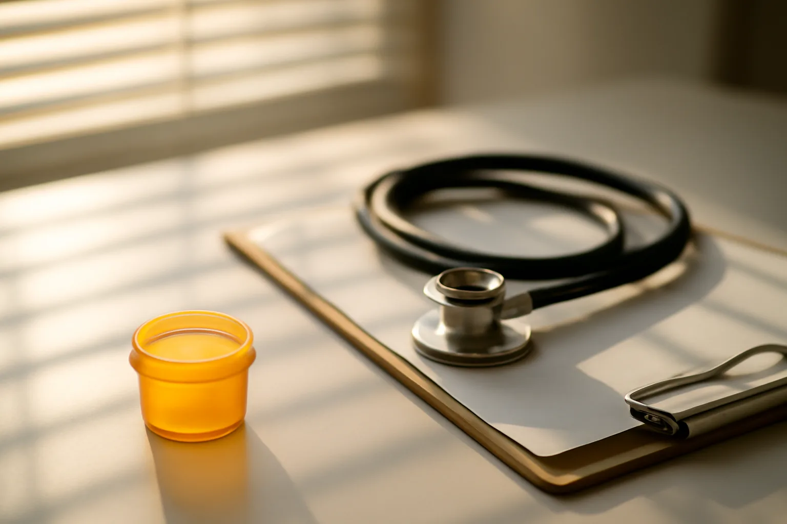 Morning light on a clinic desk with lab tools, representing enclomiphene dosage monitoring