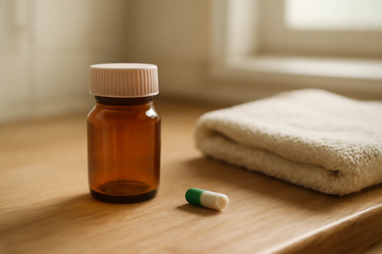 Amber medication bottle and single capsule on counter representing enclomiphene dosage