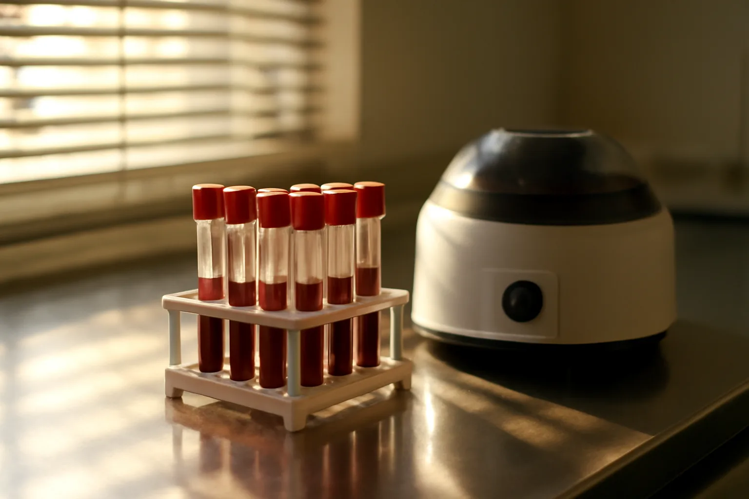 Blood sample vials on a lab bench in morning light for hormone testing
