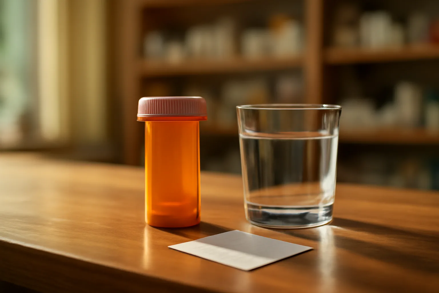 Amber medication bottle and water glass on a pharmacy counter in morning light