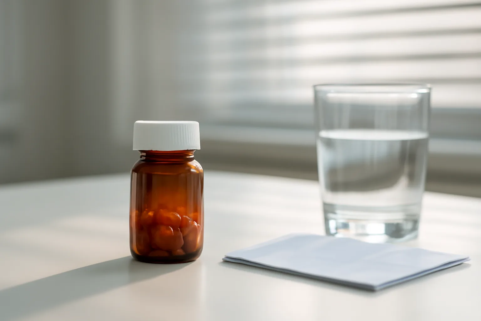Oral medication bottle and water glass on a desk, representing enclomiphene as a pill, not an injection