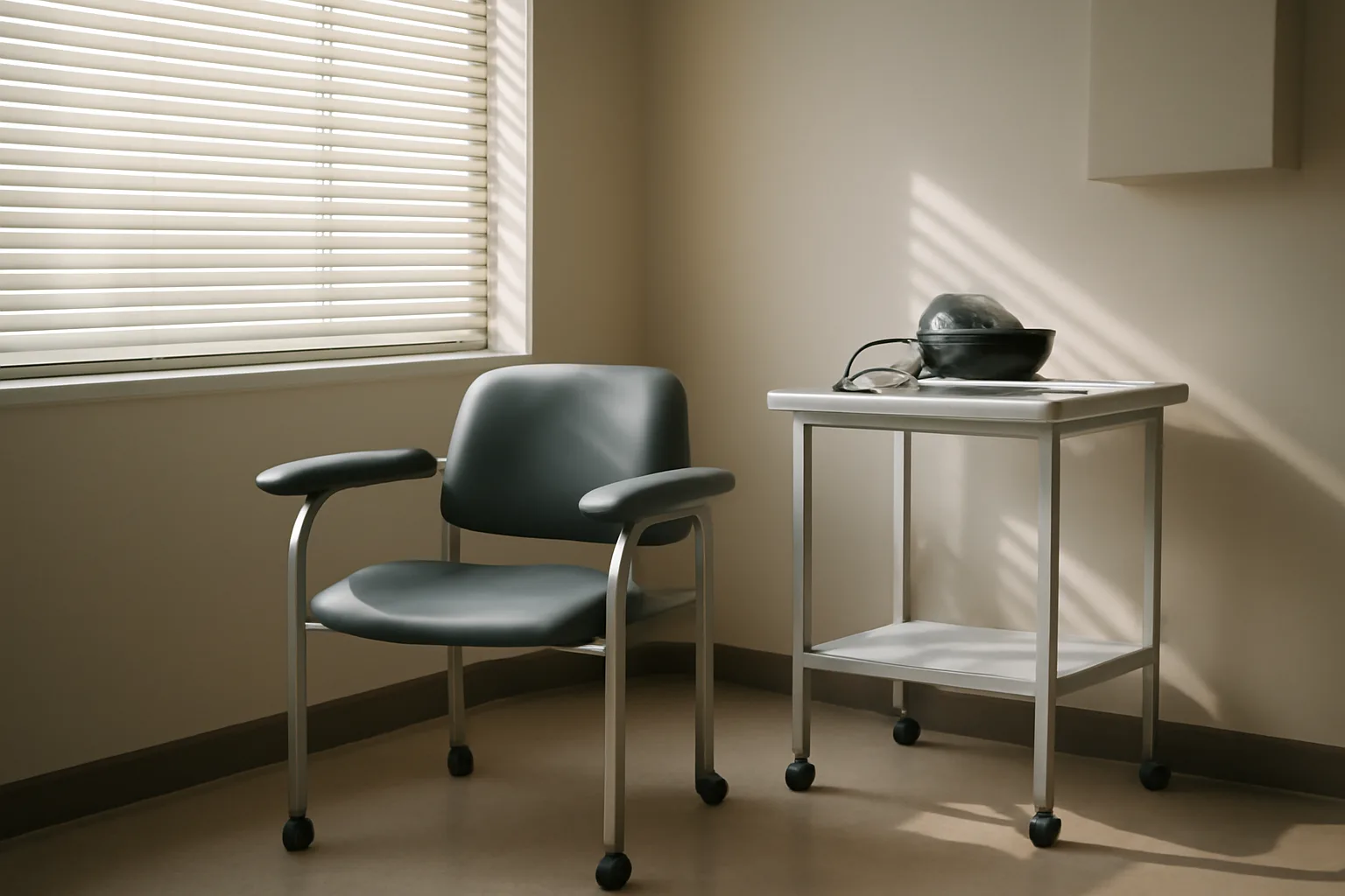 Empty clinical exam room representing the enclomiphene monitoring and lab-check timeline