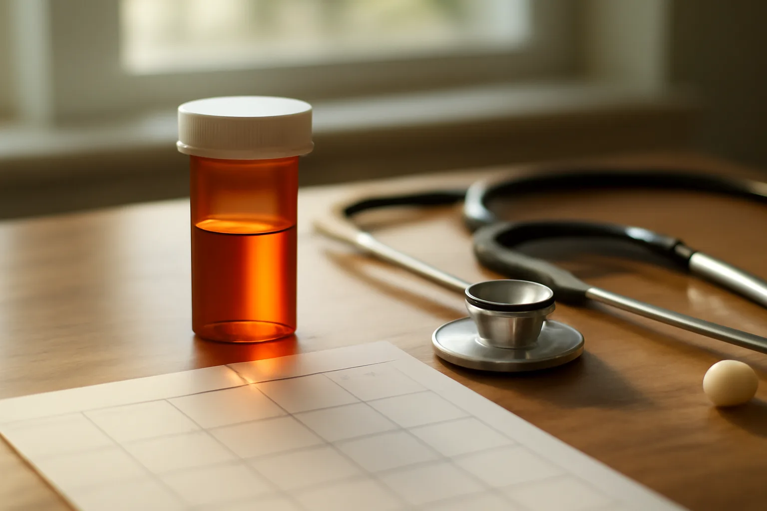 Prescription vial beside a calendar on a desk, representing enclomiphene treatment timeline