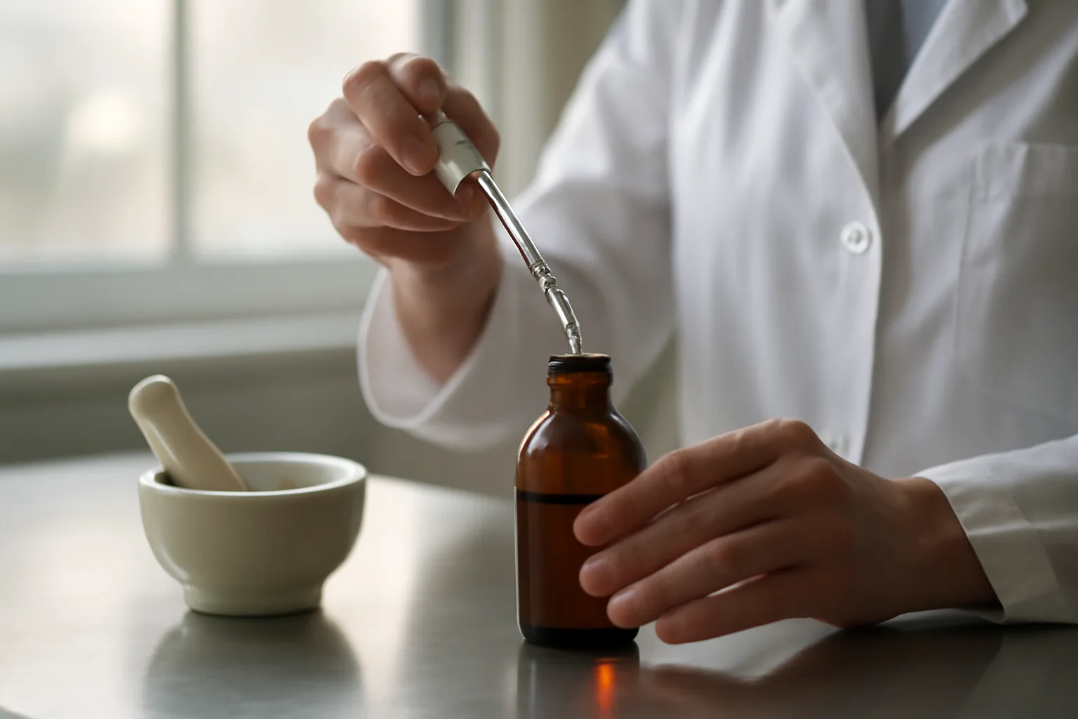 Pharmacist measuring liquid into an amber bottle while compounding enclomiphene at a lab bench