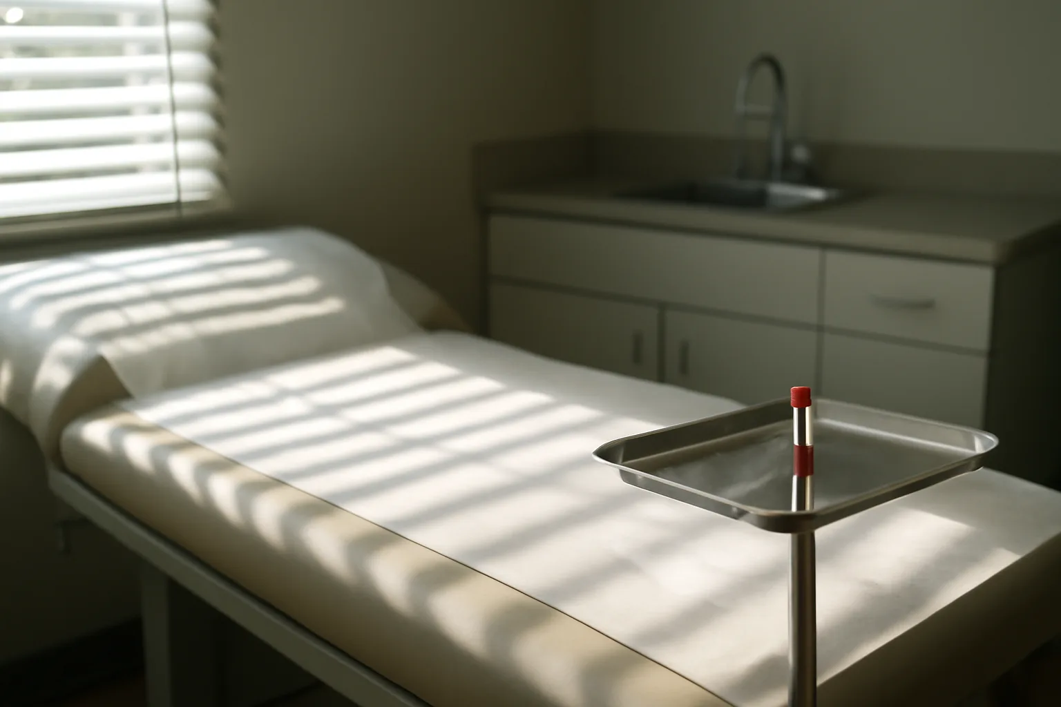 Empty clinic exam room with sunlight, representing lab testing tied to enclomiphene and fertility