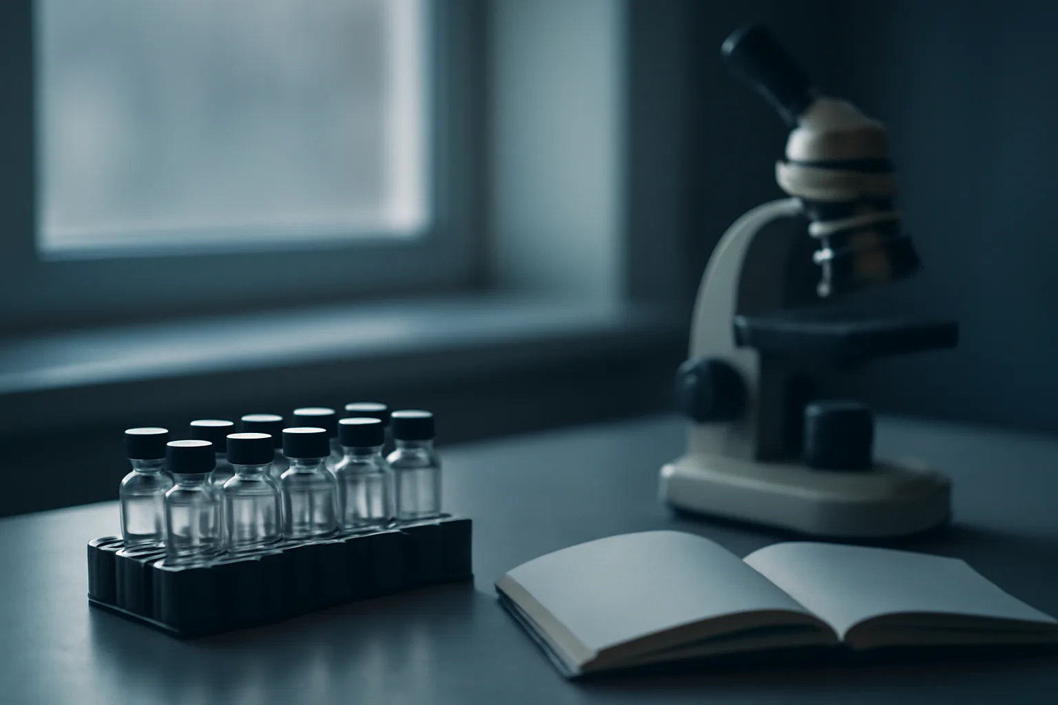 Laboratory bench with glass vials representing enclomiphene animal studies vs human evidence research