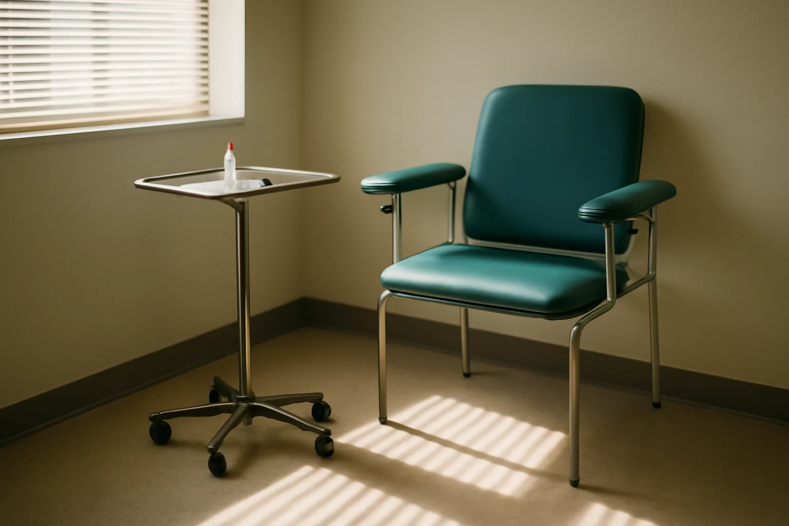 Empty morning exam room set up for a blood draw, evoking enclomiphene before and after lab testing