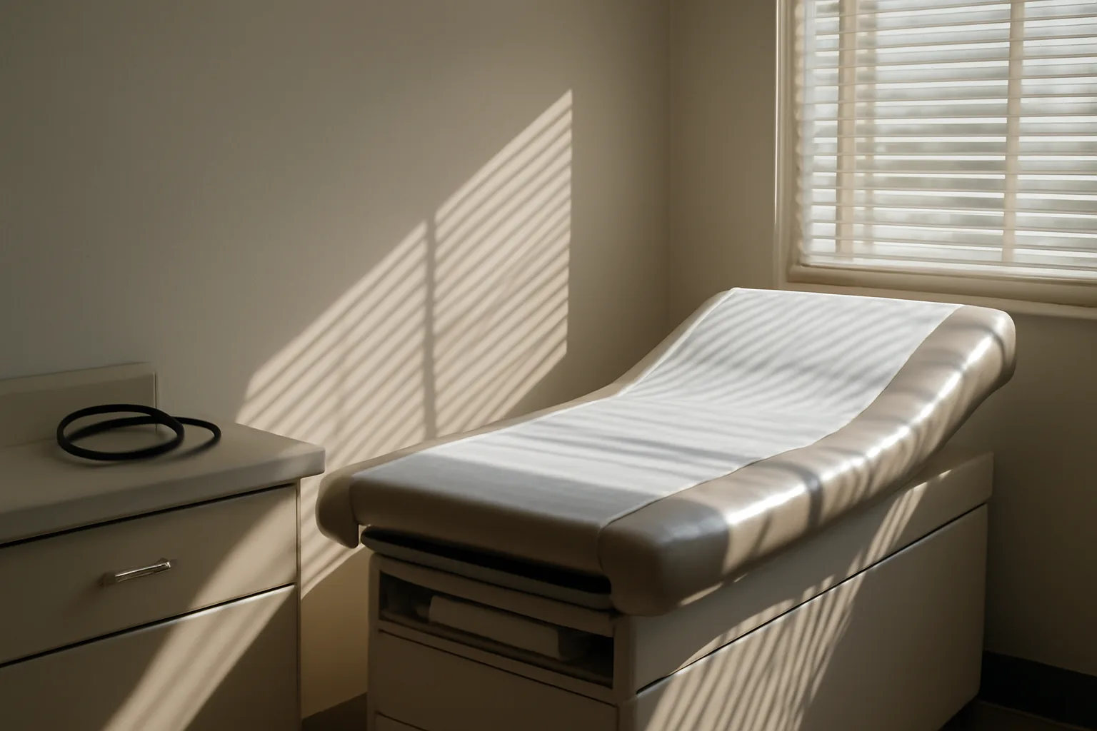 Sunlit empty clinical exam room representing enclomiphene consultation and treatment setting
