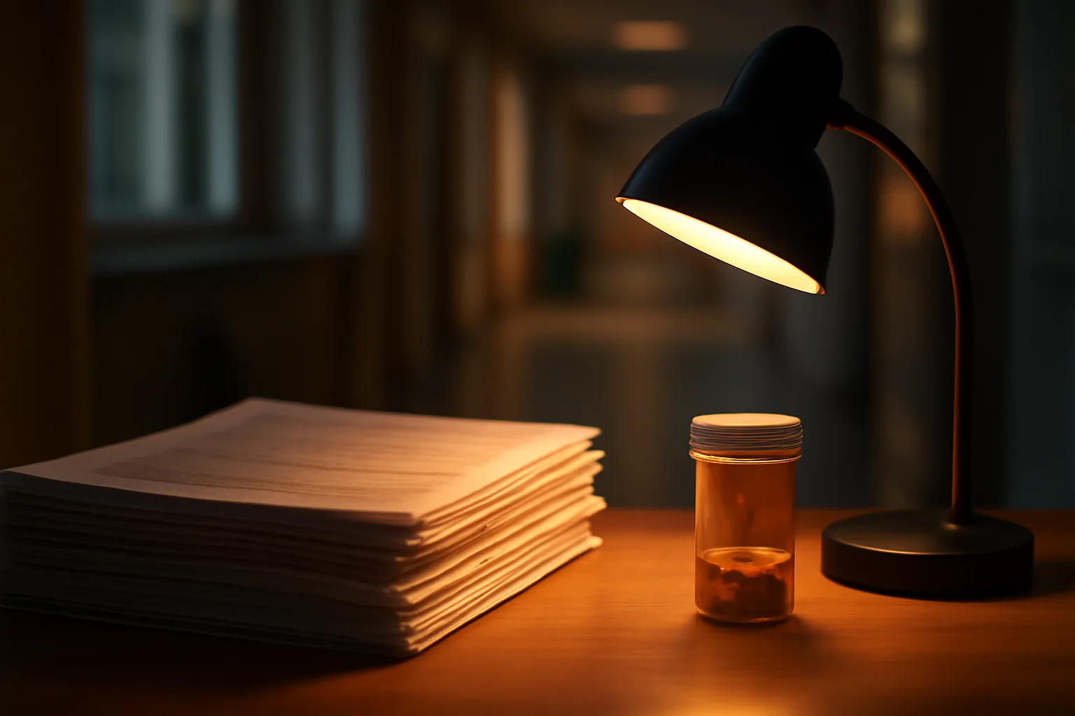 Desk scene with clinical trial papers and an unlabeled pill bottle under lamp light