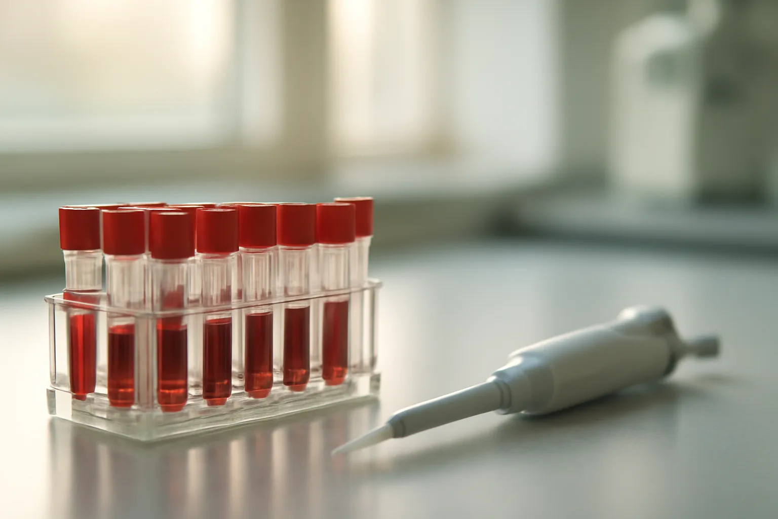 Lab bench with blood sample tubes representing hormone testing for enclomiphene mechanism