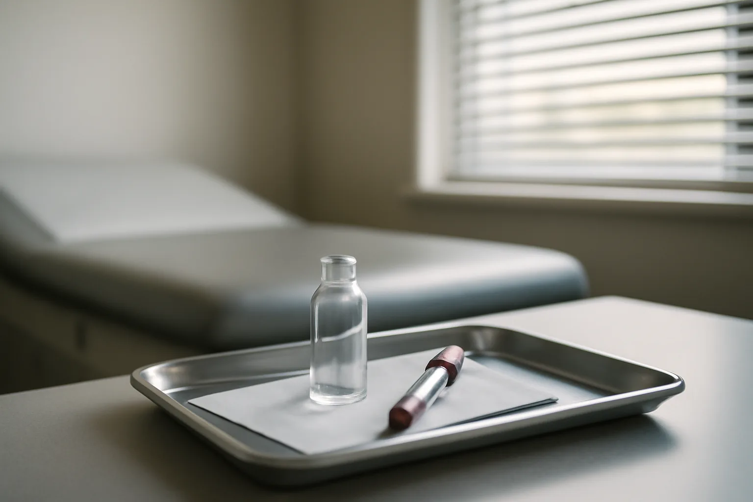 Empty vial and blood draw tube on tray representing testosterone testing after stopping enclomiphene