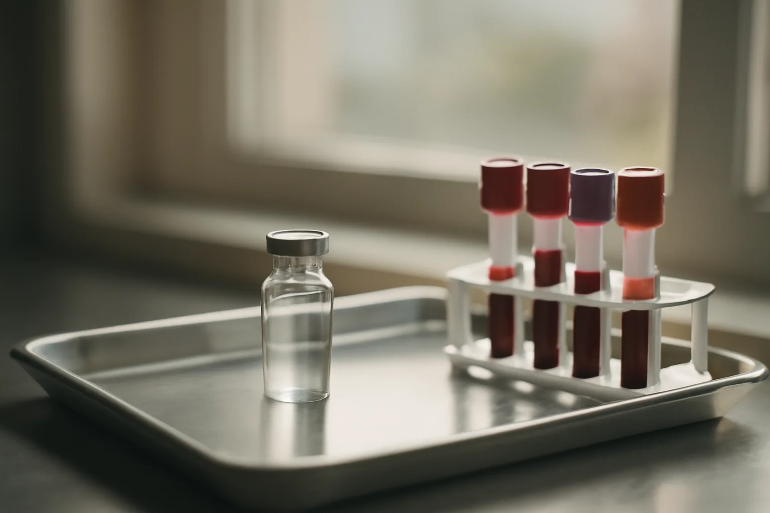 Blood draw tubes on a tray representing lab tracking over an enclomiphene results timeline