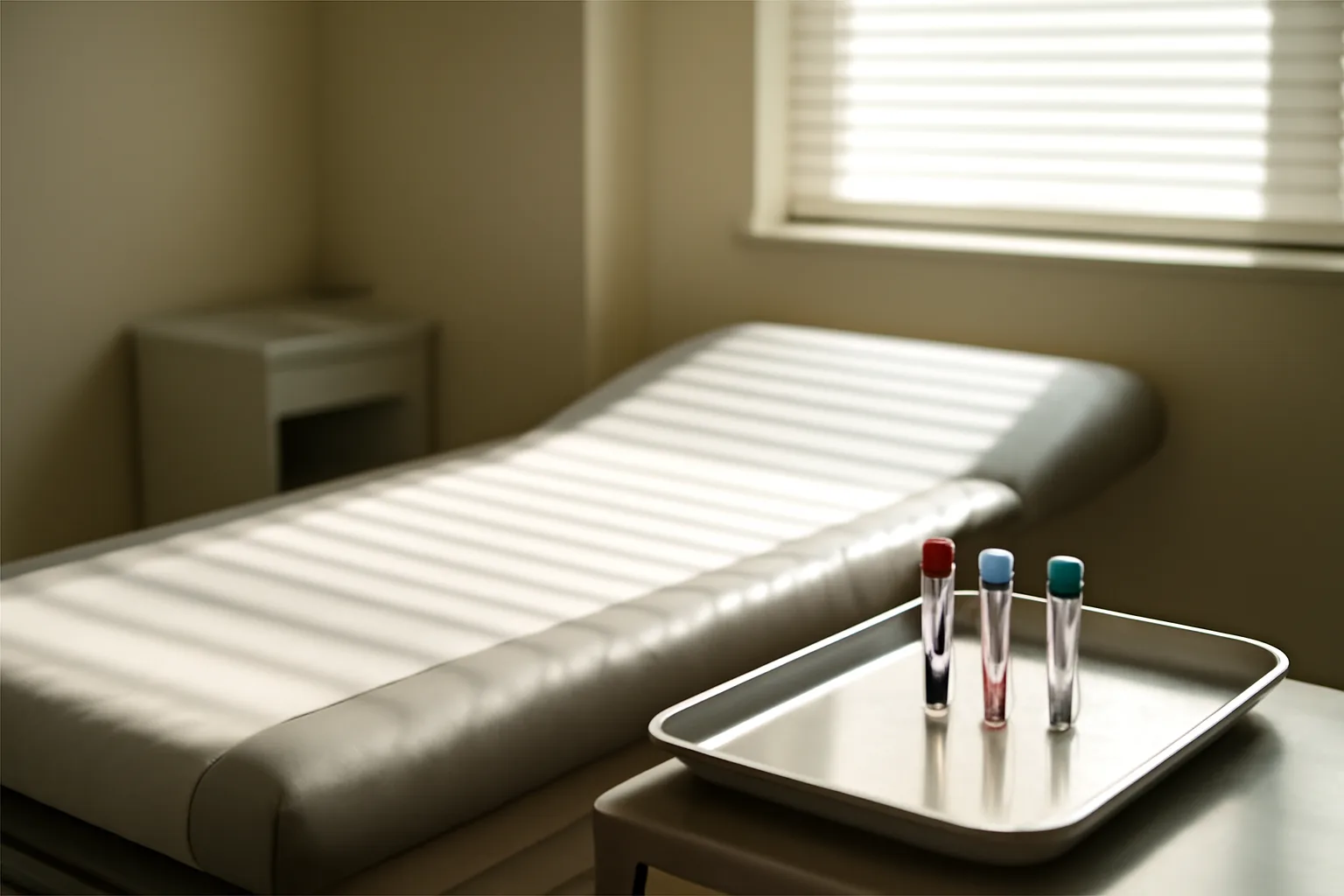 Sunlit exam room with lab vials, representing enclomiphene reviews and testing