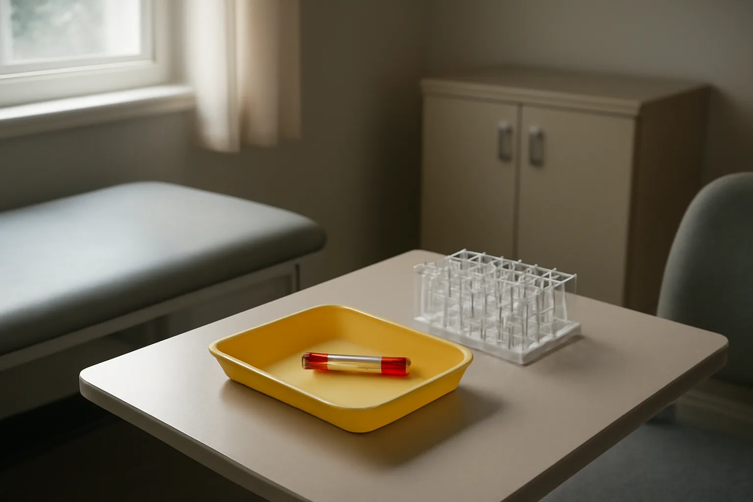 Clinical exam room table with blood draw tray, evoking enclomiphene success rate lab testing