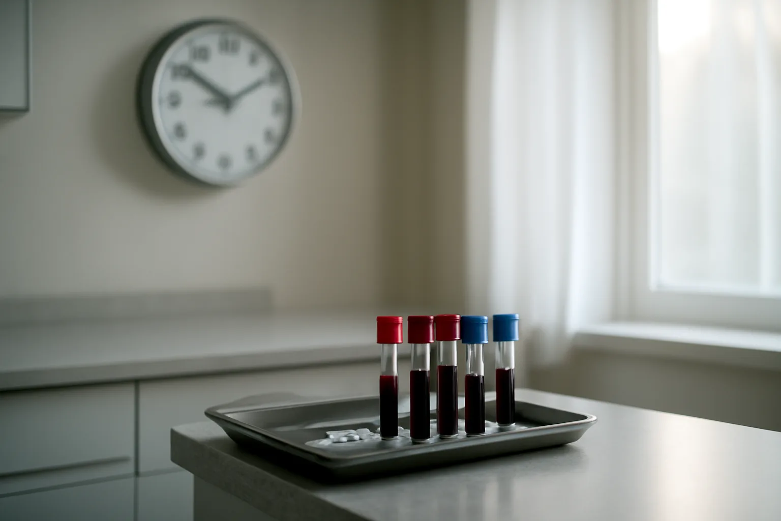 Lab vials and a wall clock in morning light representing enclomiphene bloodwork timing