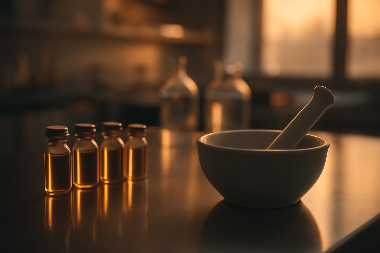 Compounding pharmacy counter with vials, illustrating enclomiphene's non-FDA-approved status