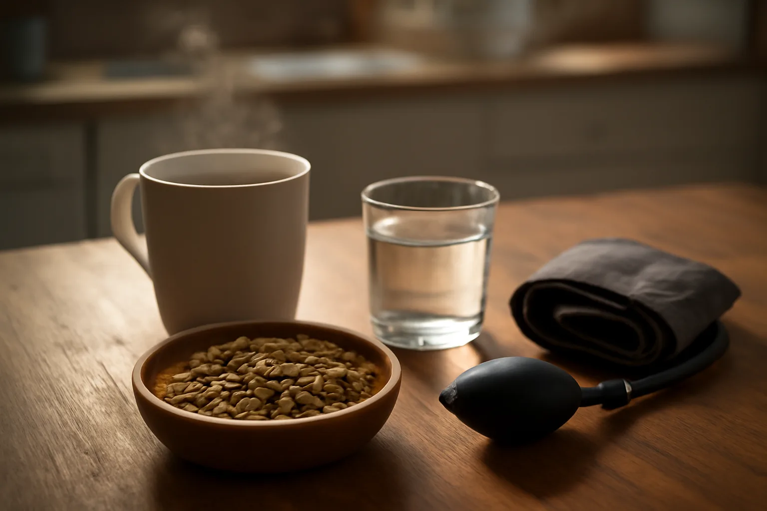 Kitchen table scene with pumpkin seeds and water representing natural alternatives to enclomiphene