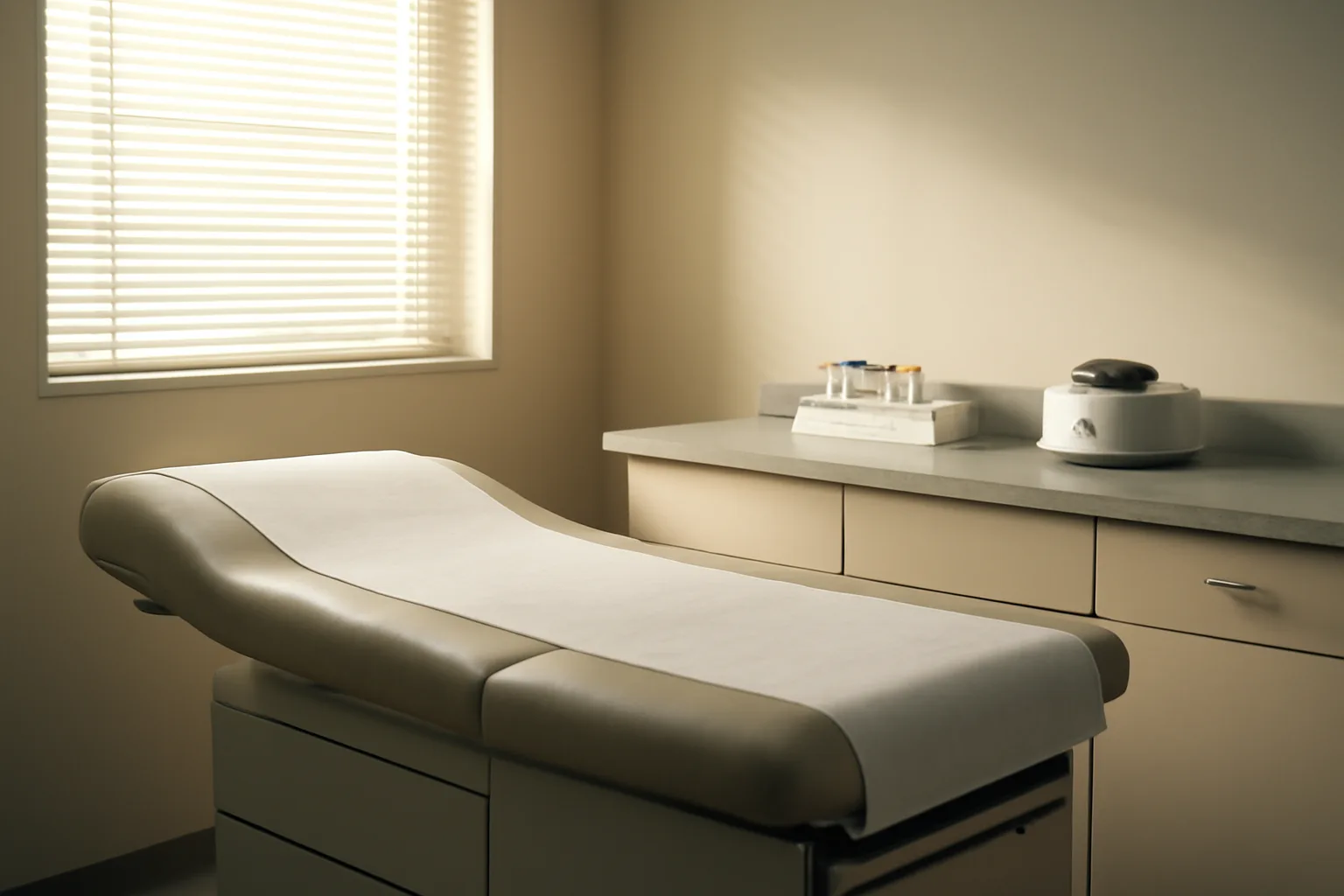 Empty clinical exam room with lab equipment representing enclomiphene treatment consultation