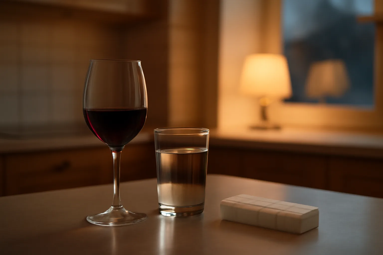 Glass of wine next to a closed pill organizer on a kitchen counter