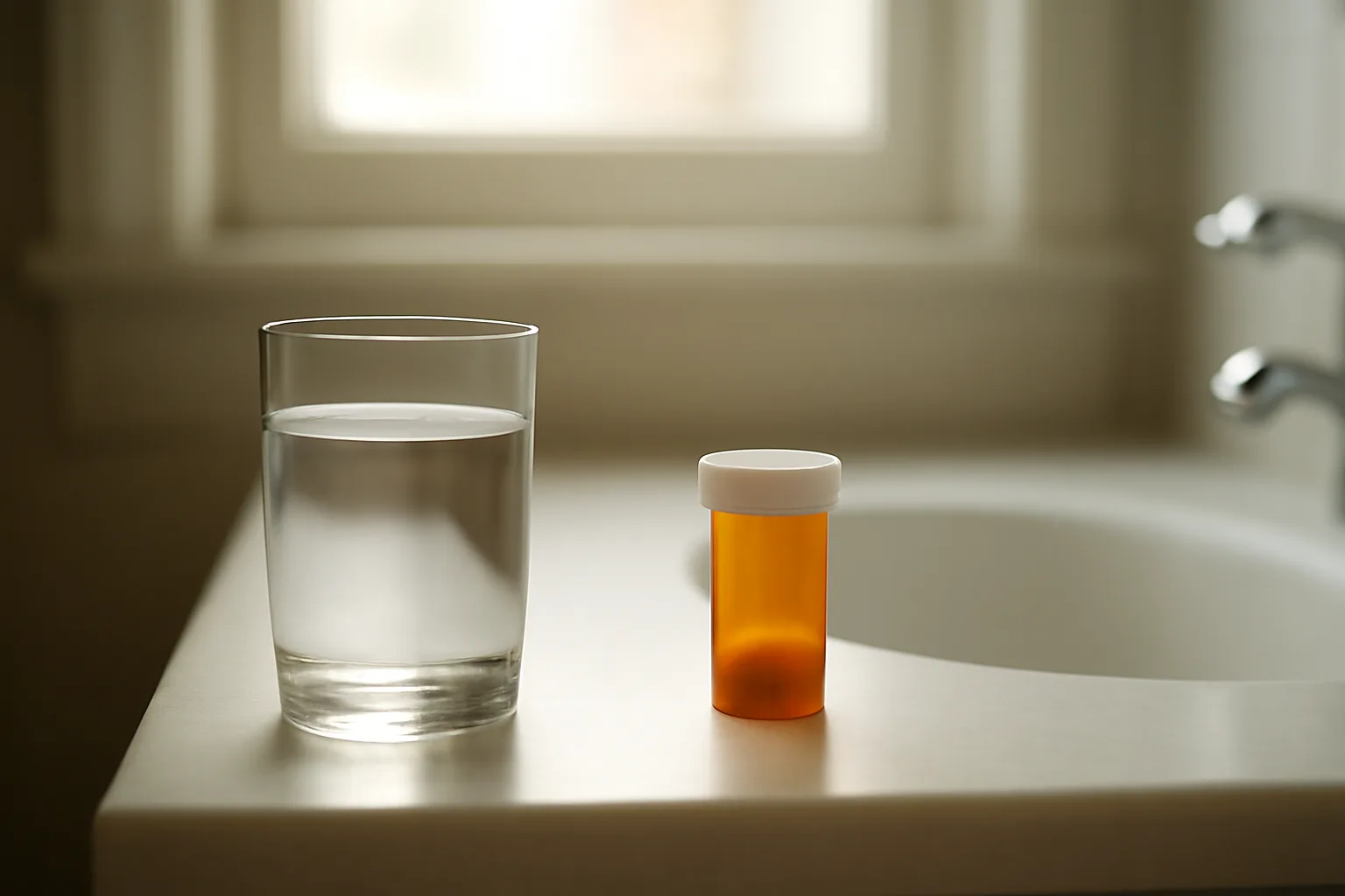 Morning bathroom counter scene representing medication routine for enclomiphene and antidepressants