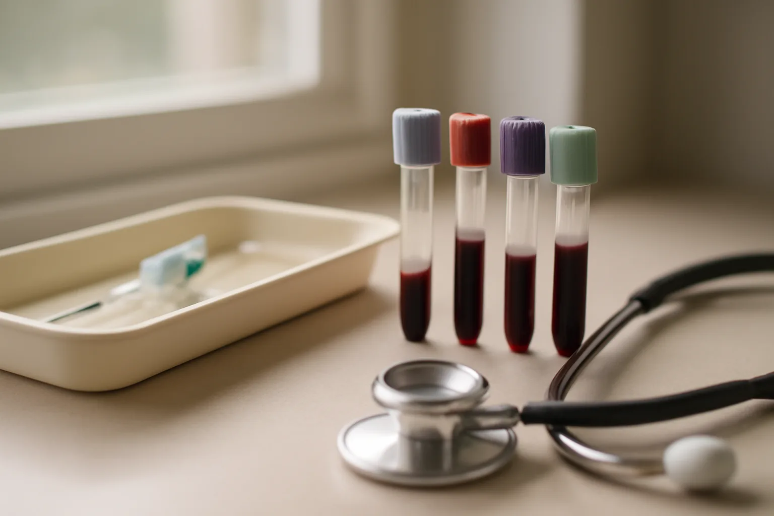 Blood draw tubes and phlebotomy tray on a clinic counter in morning light