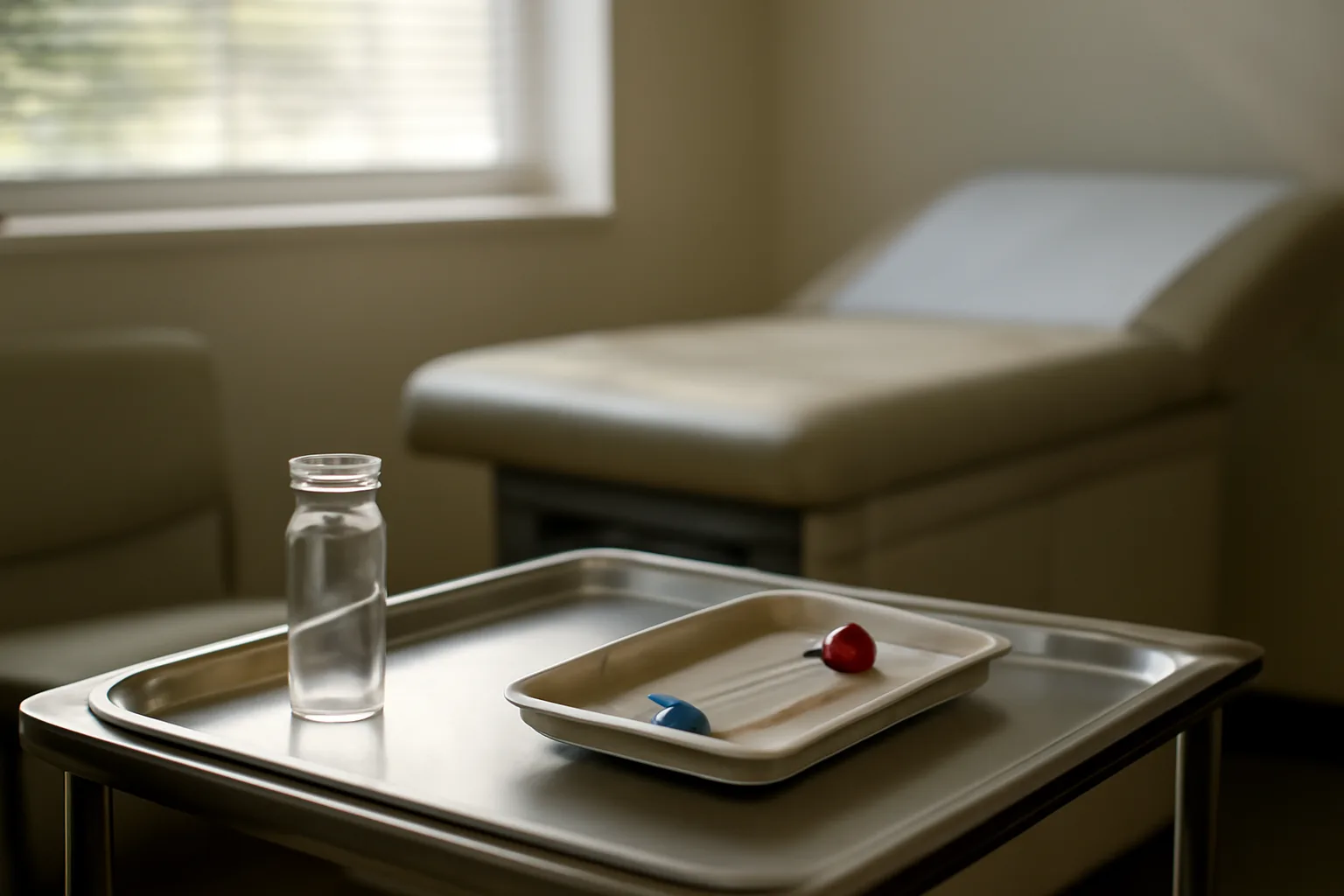 Empty vial and blood draw tray in a clinic room, representing enclomiphene lab monitoring