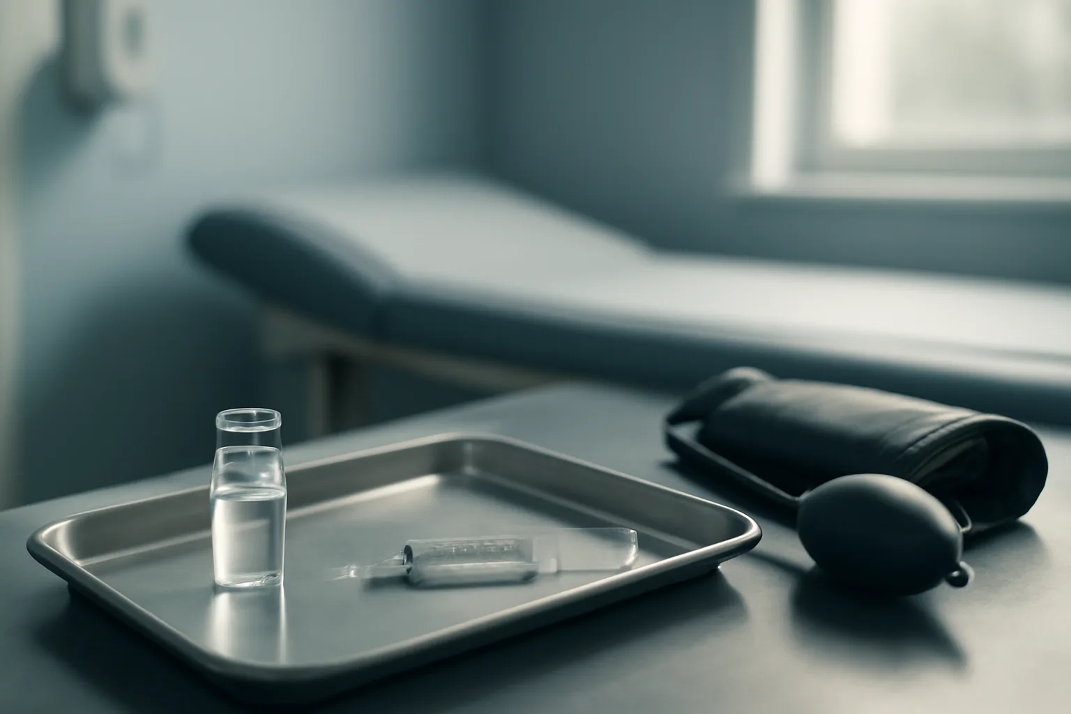 Vial and syringe on a steel tray in a quiet clinical exam room