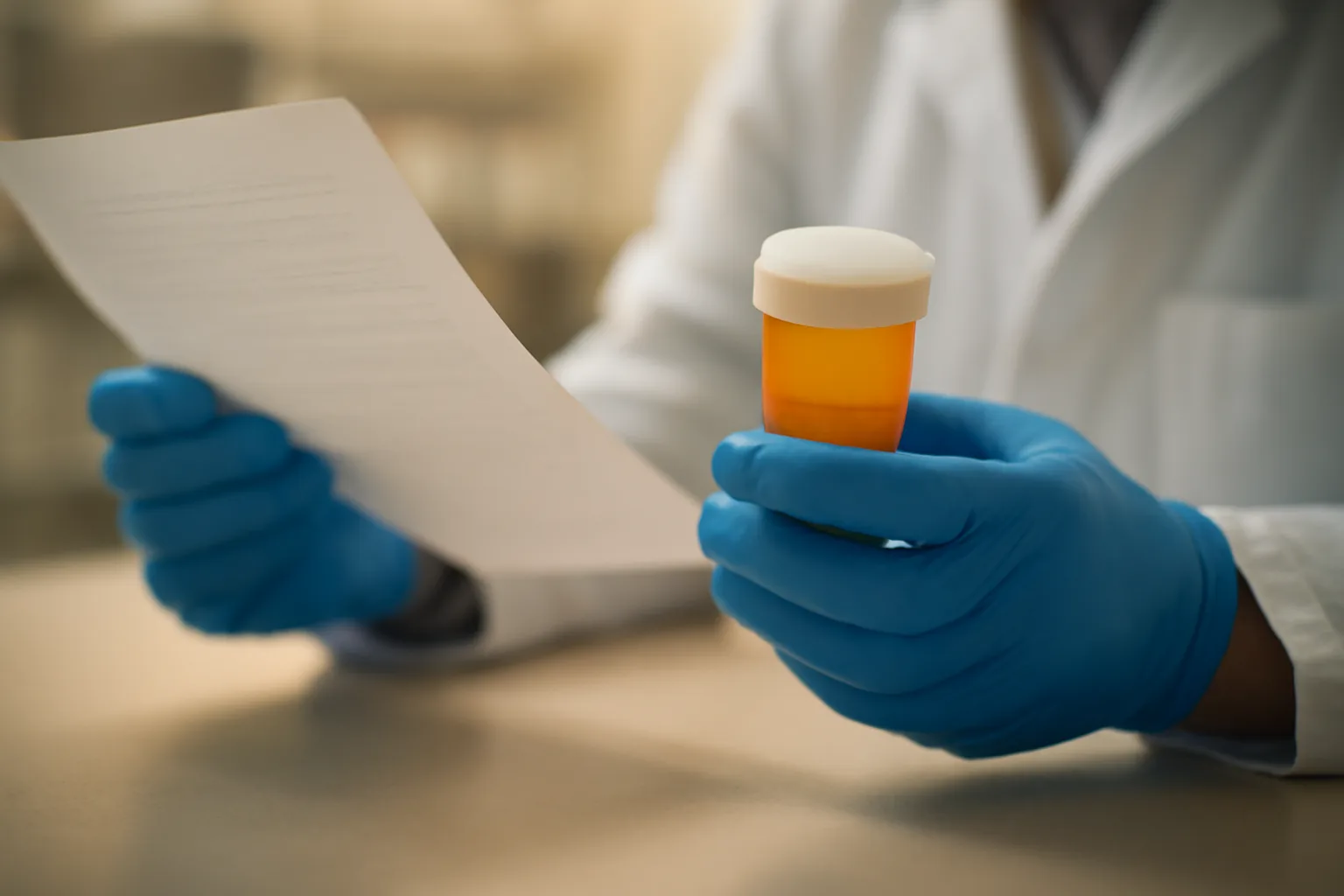 Pharmacist reviewing a medication list beside pill bottle, illustrating enclomiphene drug interactions check