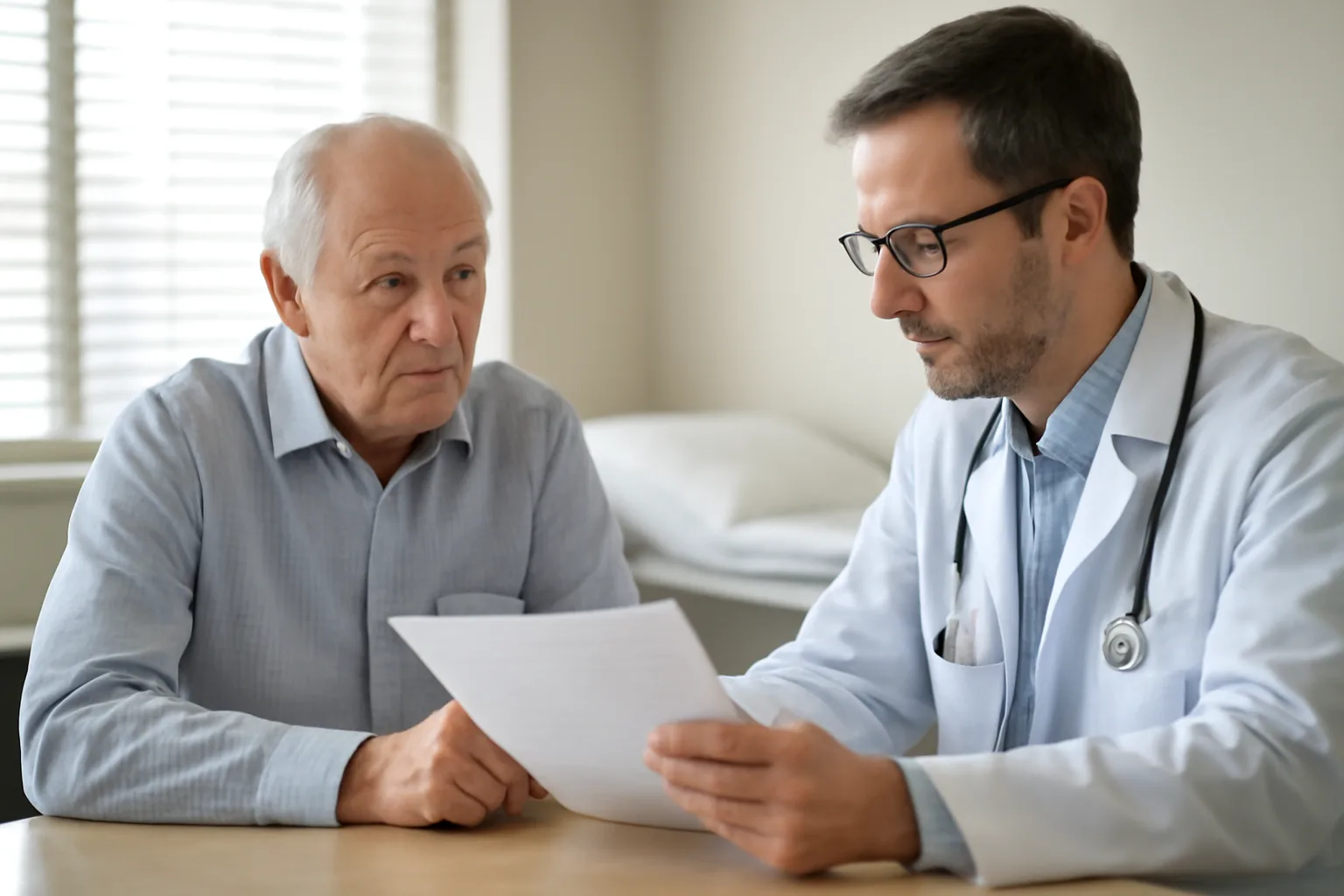 Older man discussing lab results with a physician, relevant to enclomiphene in older adults