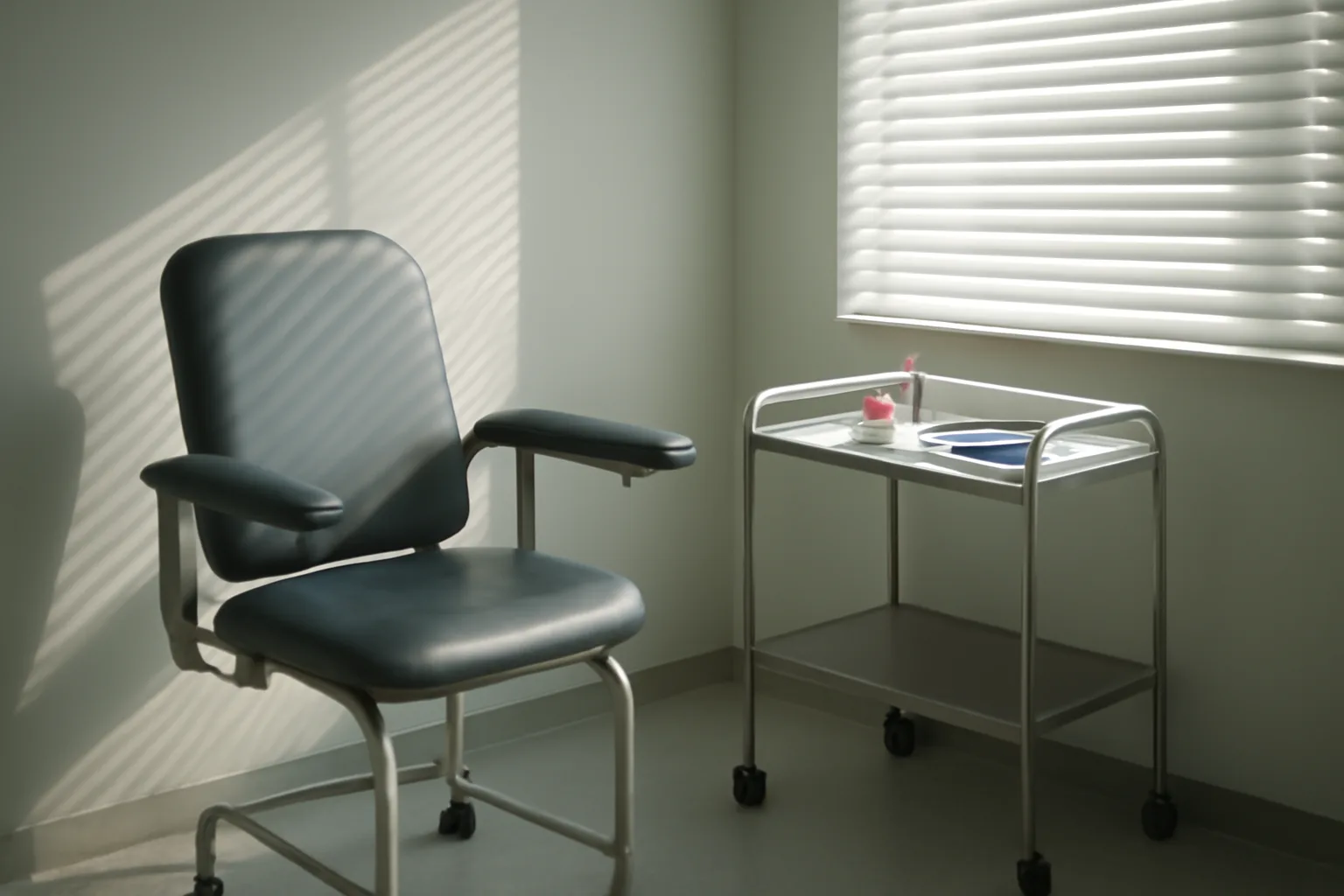 Empty clinic exam room with blood draw cart, representing enclomiphene lab testing and troubleshooting