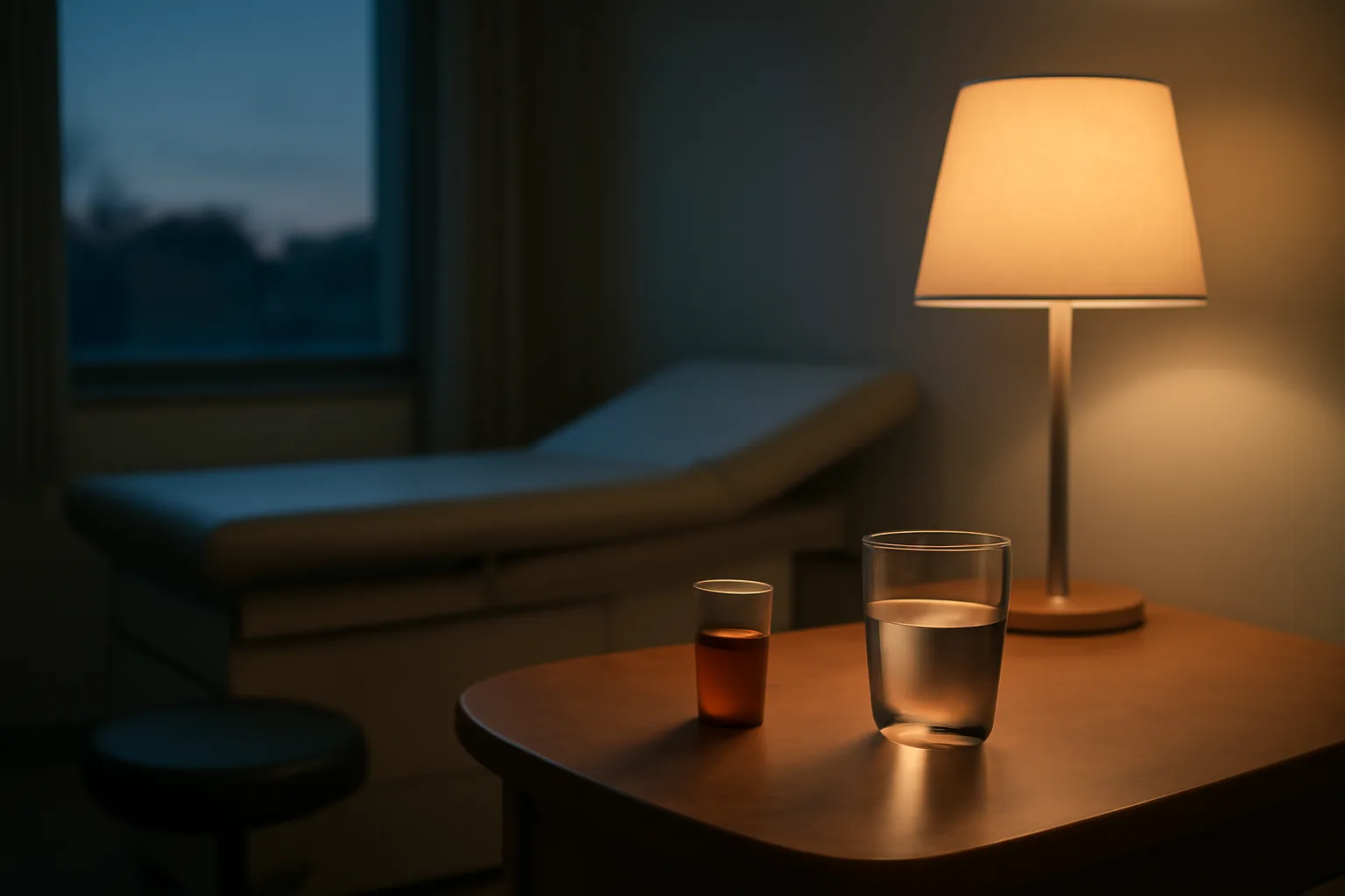 Amber prescription bottle and water glass on table, evoking enclomiphene overdose safety topic