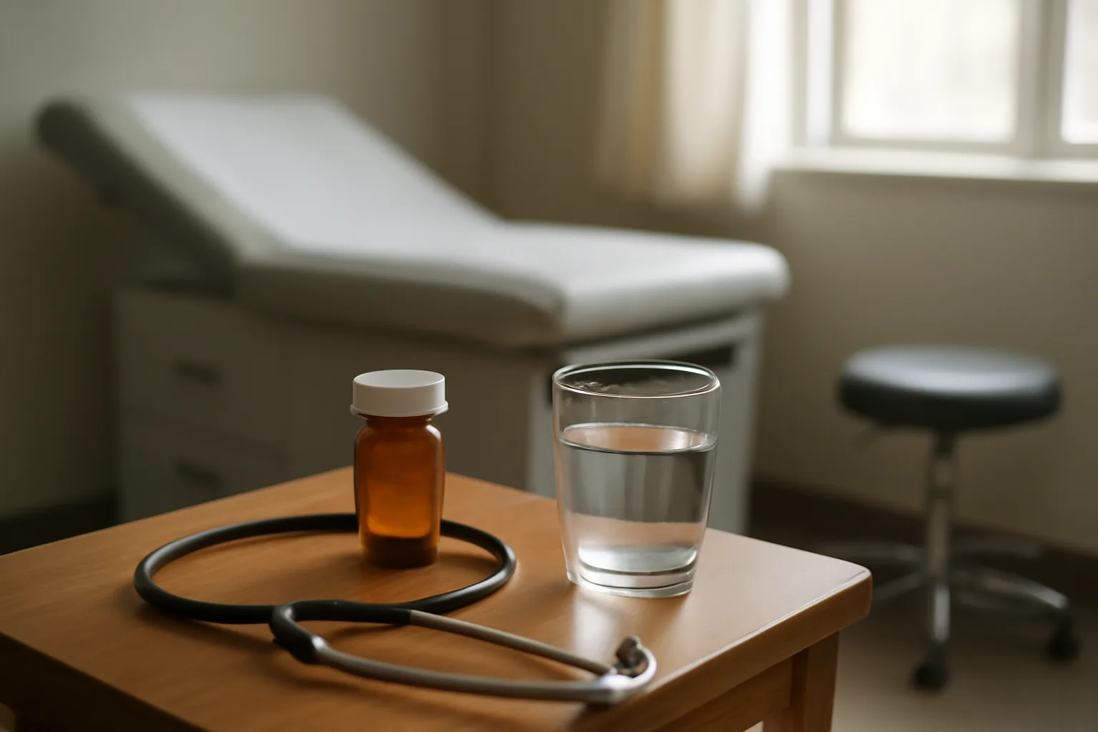 Amber medication vial and water glass on table representing enclomiphene side effects discussion