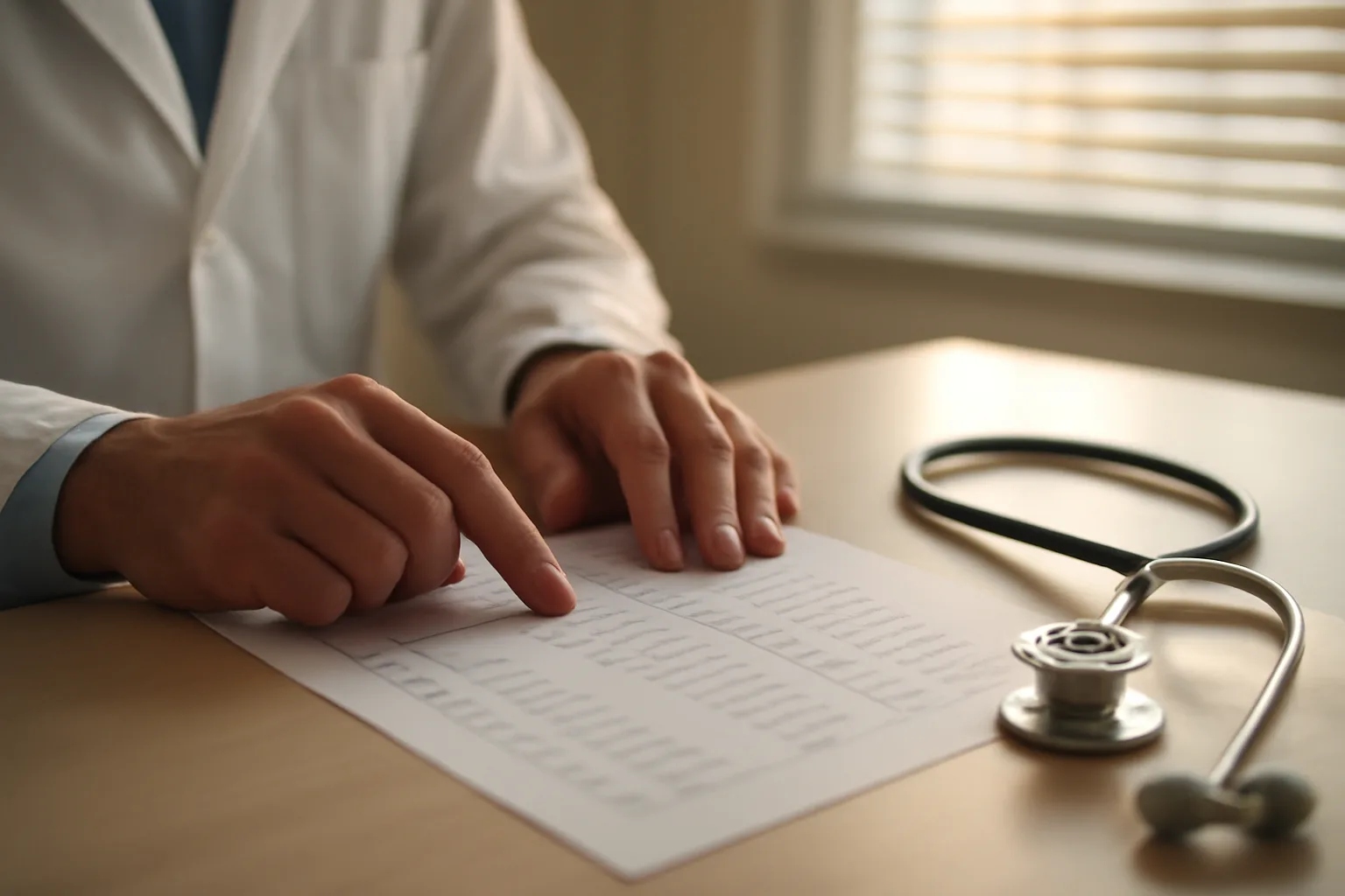 Doctor reviewing printed hormone lab results in a quiet morning clinic office