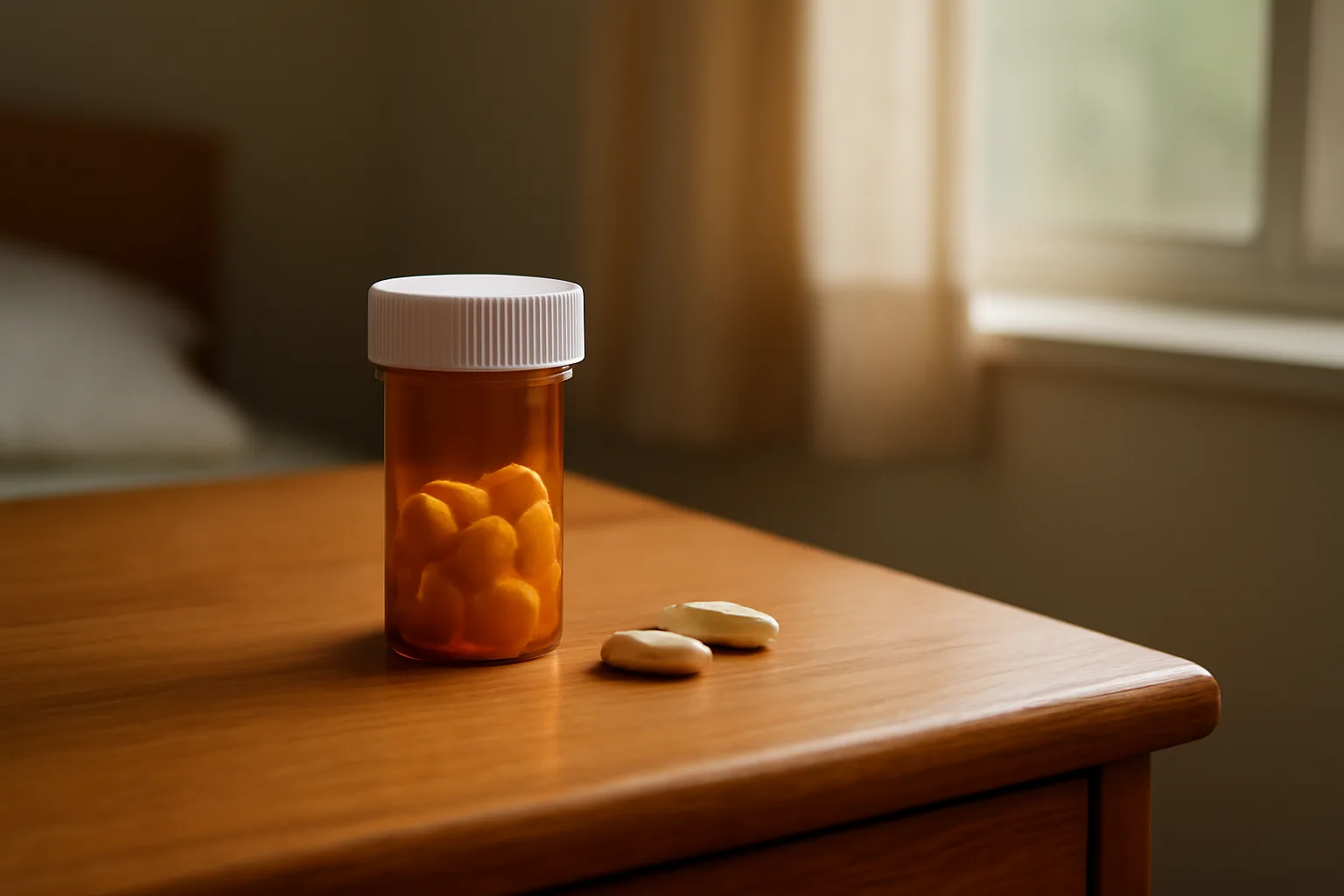 Amber pill bottle and capsules on a dresser illustrating room-temperature medication storage