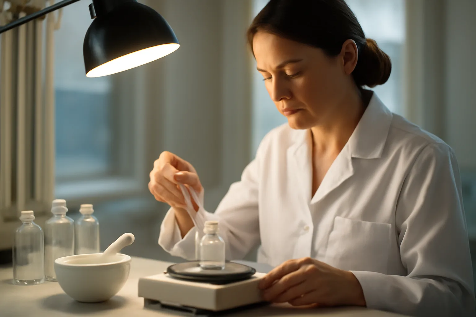 Pharmacist weighing compounded medication powder on a lab scale