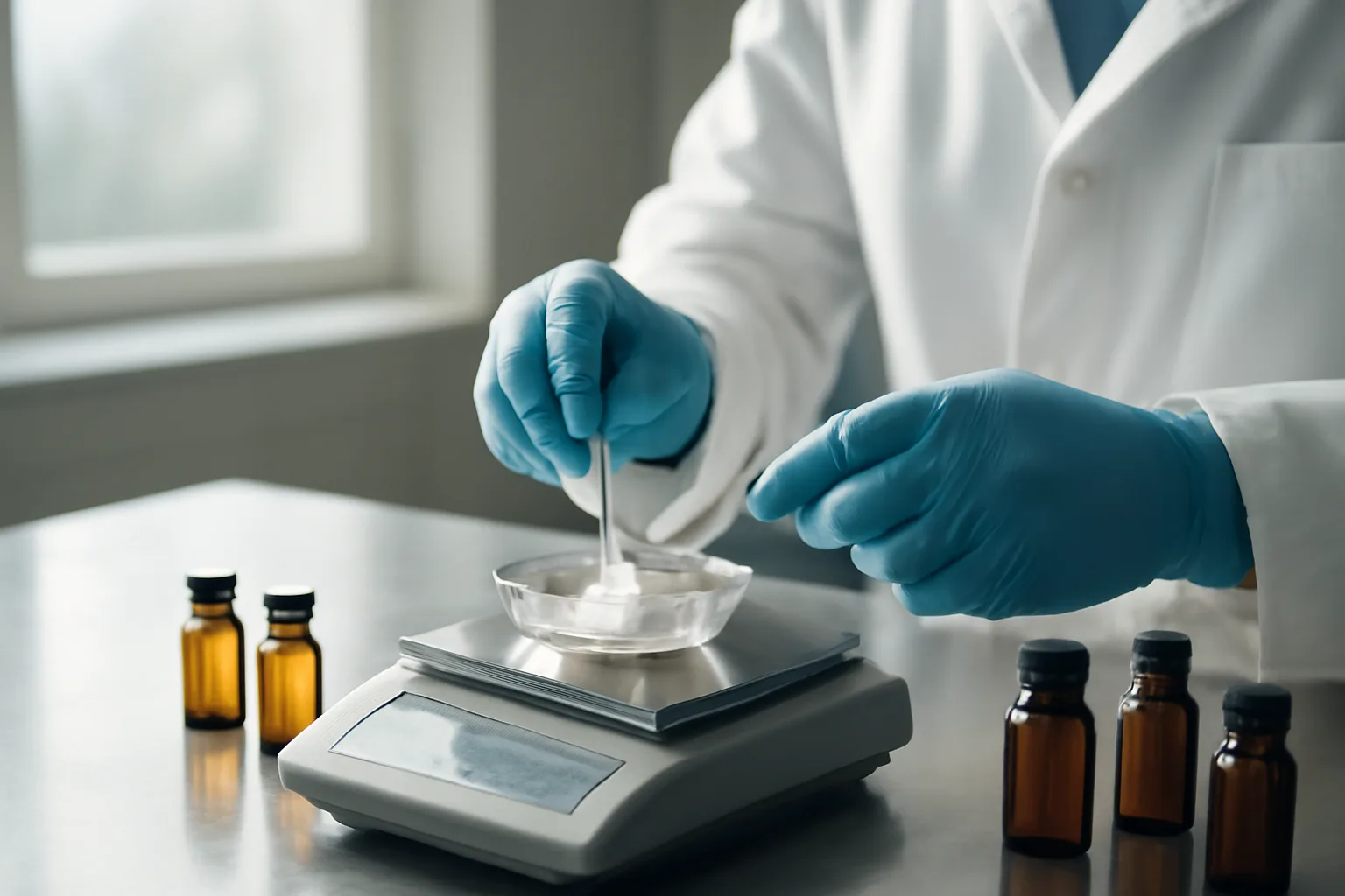Pharmacist weighing compound powder on a scale at a compounding pharmacy bench