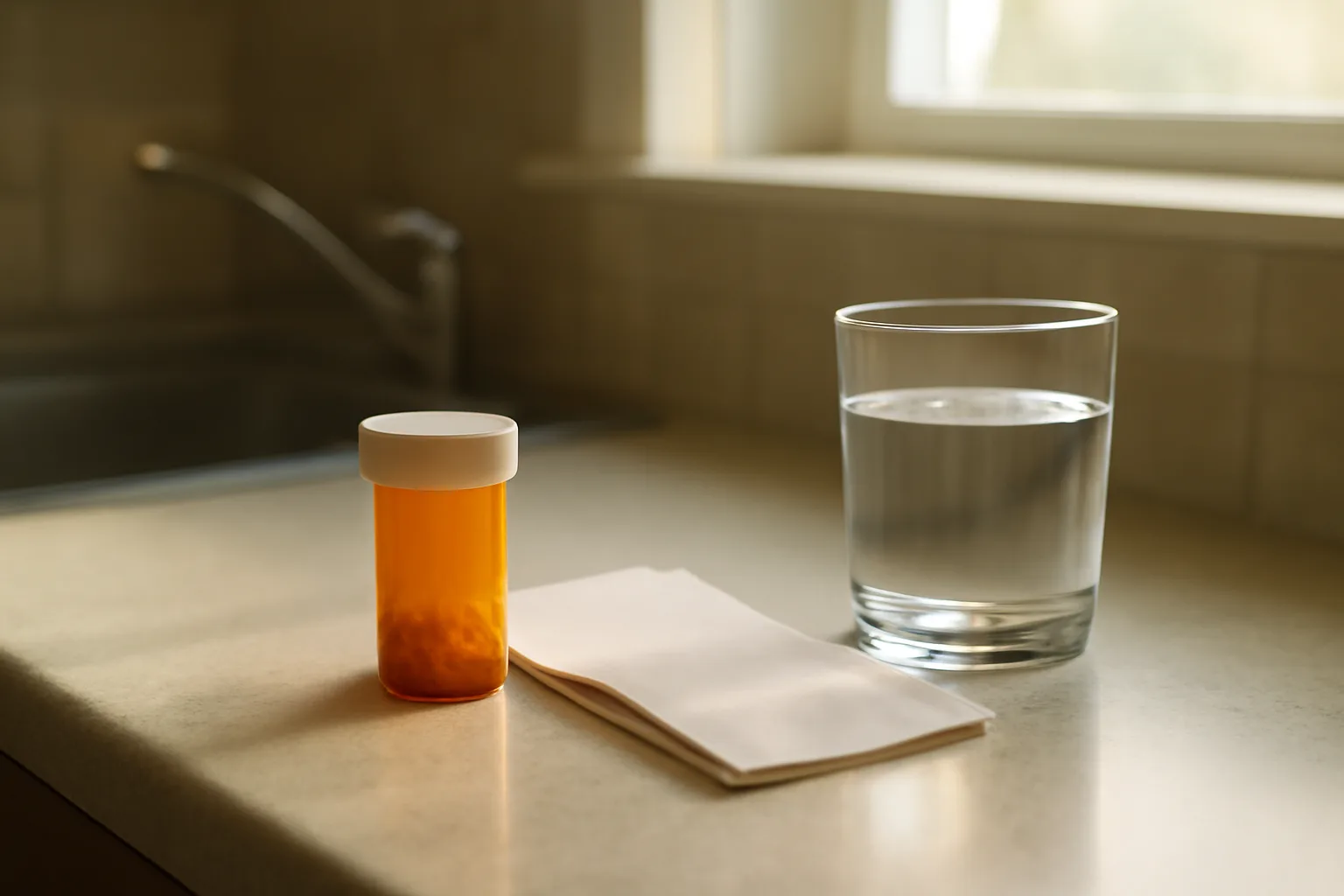 Amber prescription bottle and lab paperwork on a kitchen counter in morning light