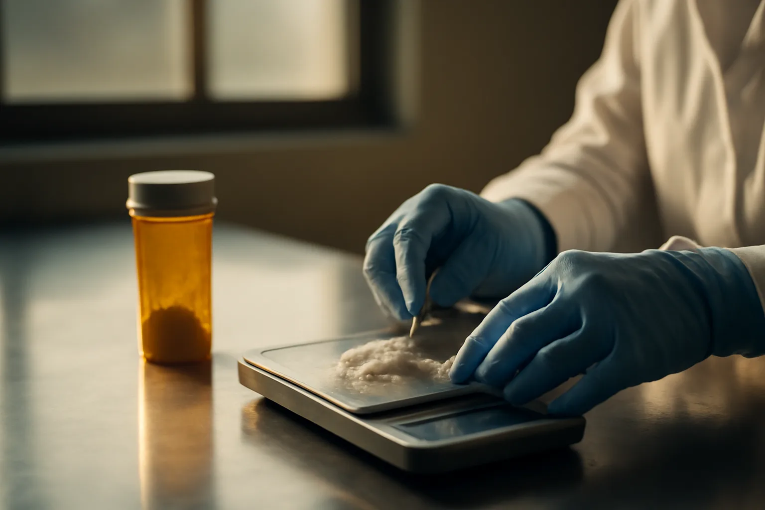 Pharmacist's hands compounding medication on a stainless steel counter in early morning light