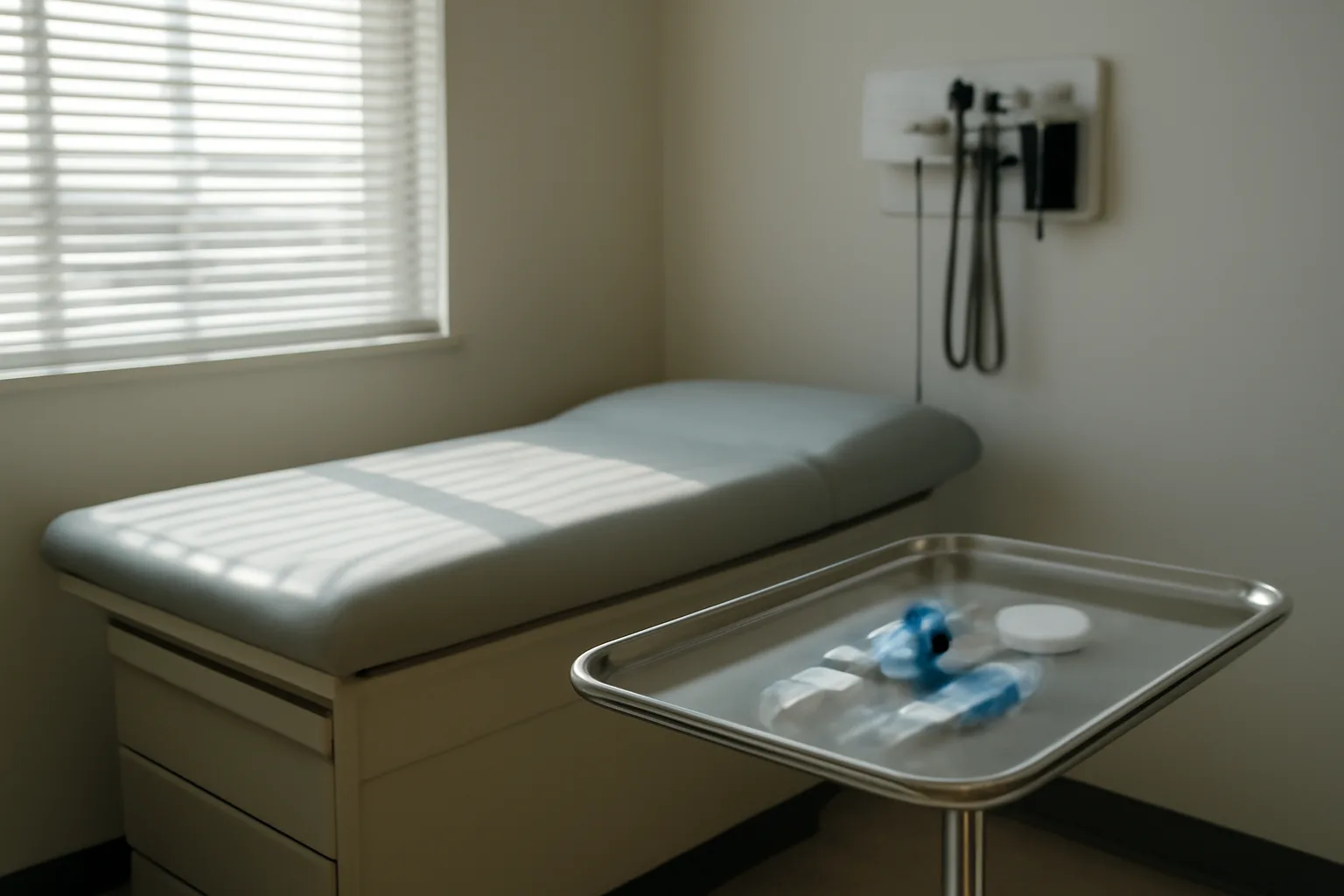 Empty clinical exam room with blood draw tray, representing enclomiphene online prescription requirements