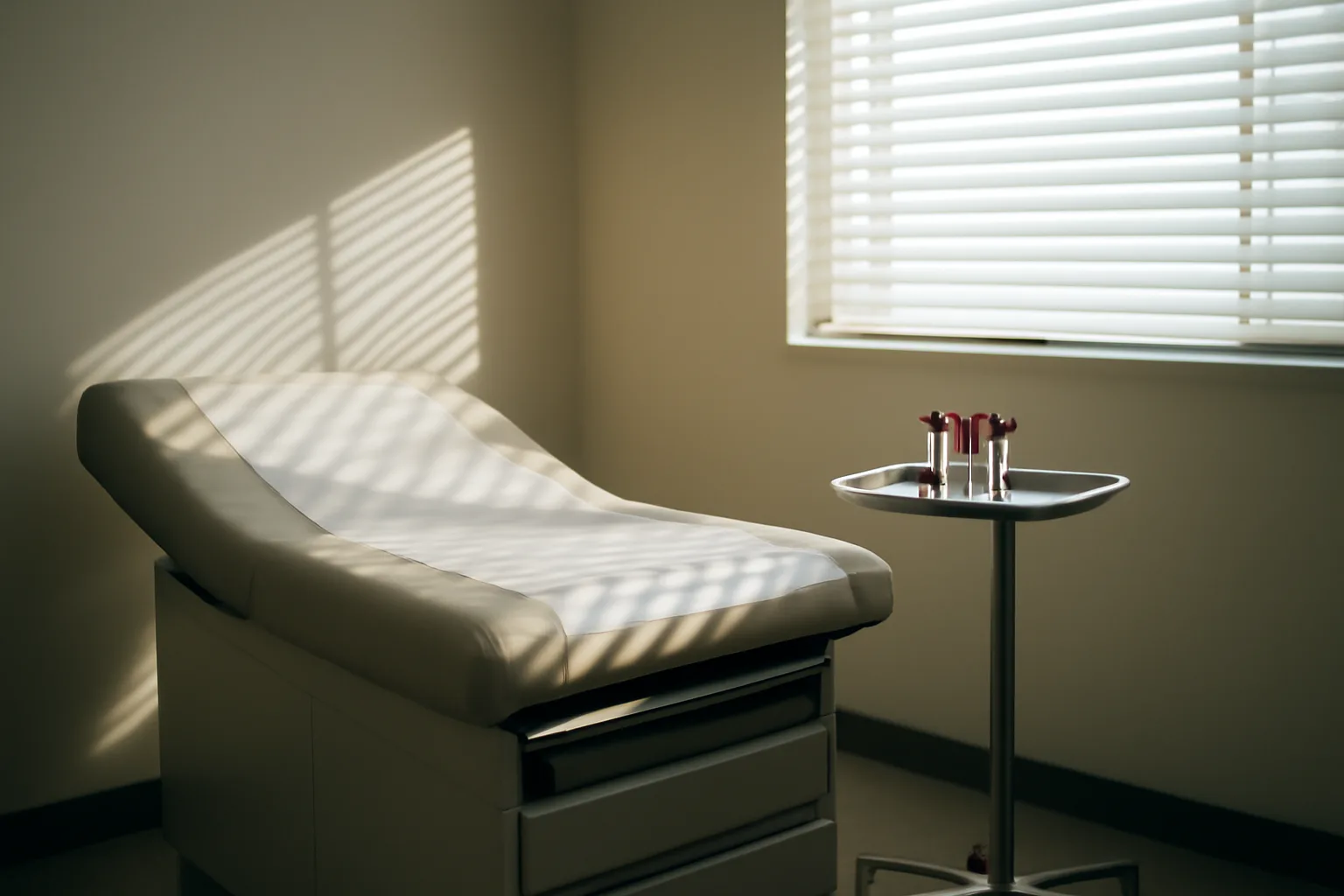 Empty clinic exam room with blood draw vials on a tray in morning light
