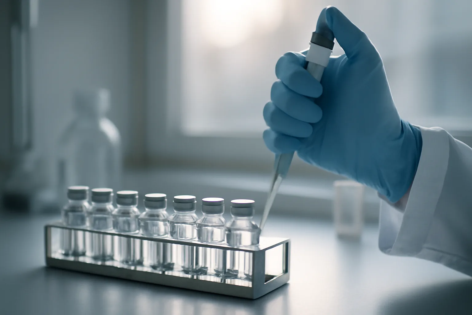 Gloved hands testing pharmaceutical vials on a compounding lab bench