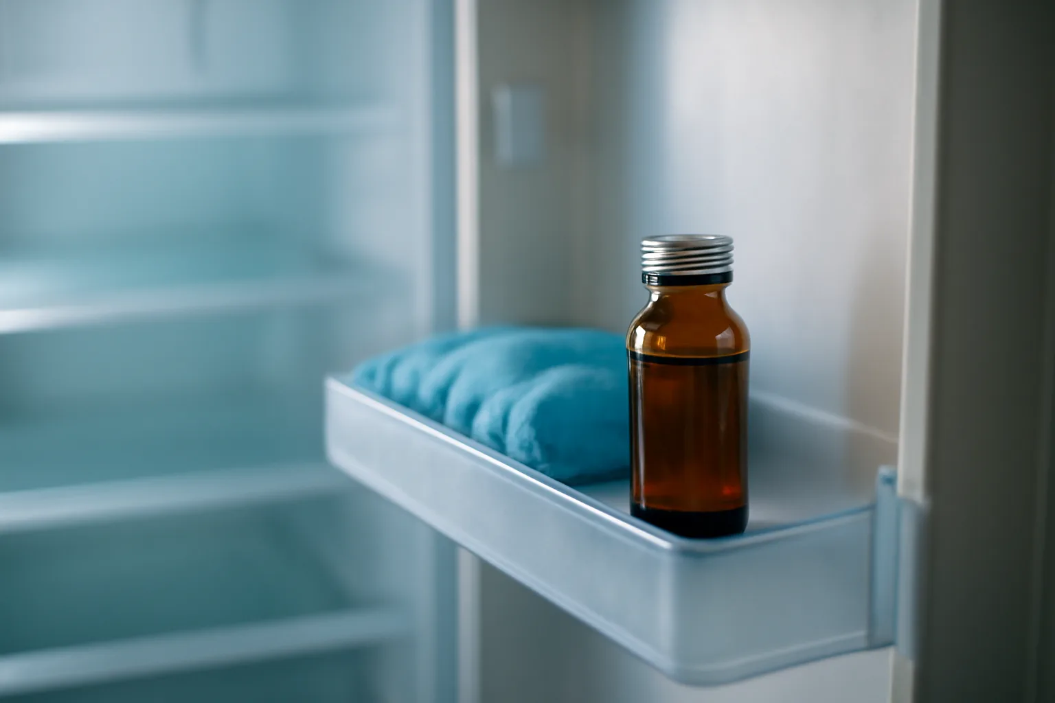 Amber medication vial stored on a refrigerator door shelf beside an ice pack